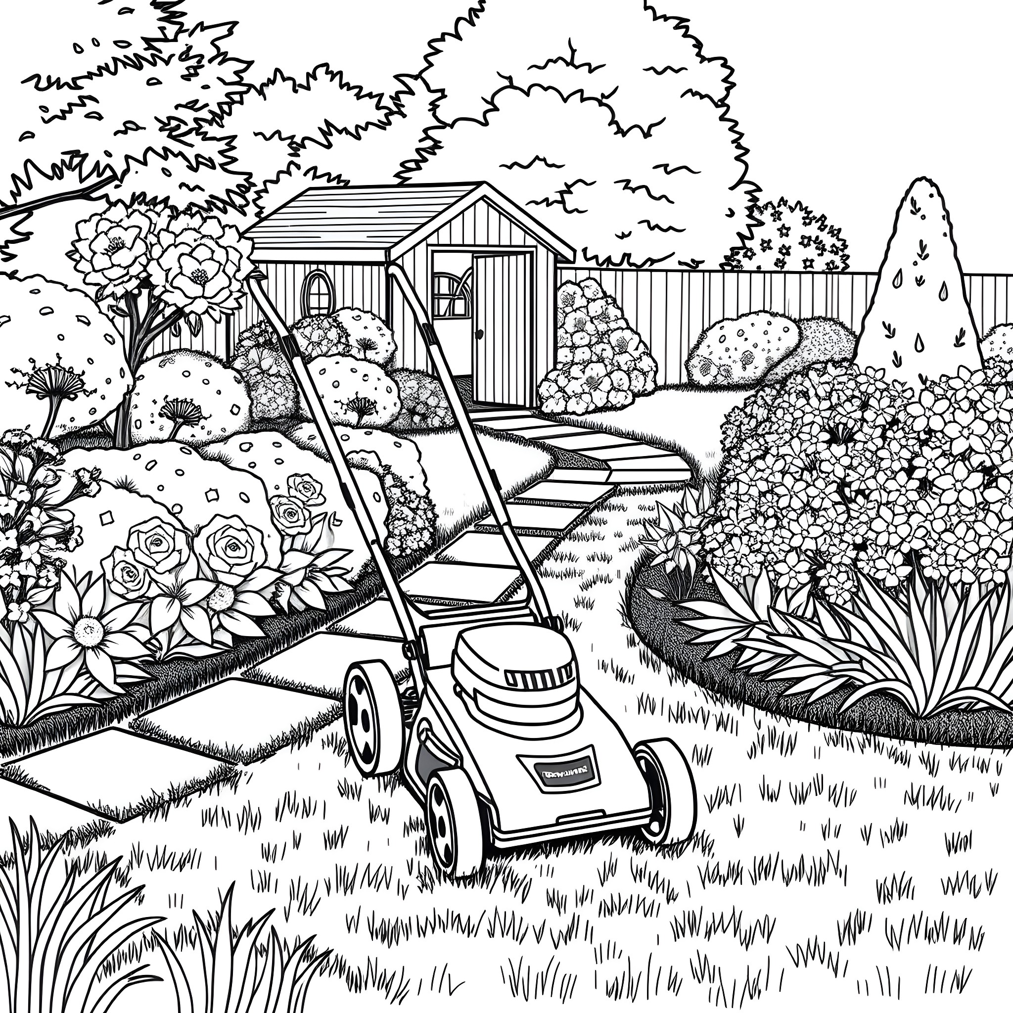 Mower cutting grass in a lush garden Coloring Page (free black-and-white line drawing printable PDF for all, from beginners to advanced learners, including children, teens, adults, and seniors)