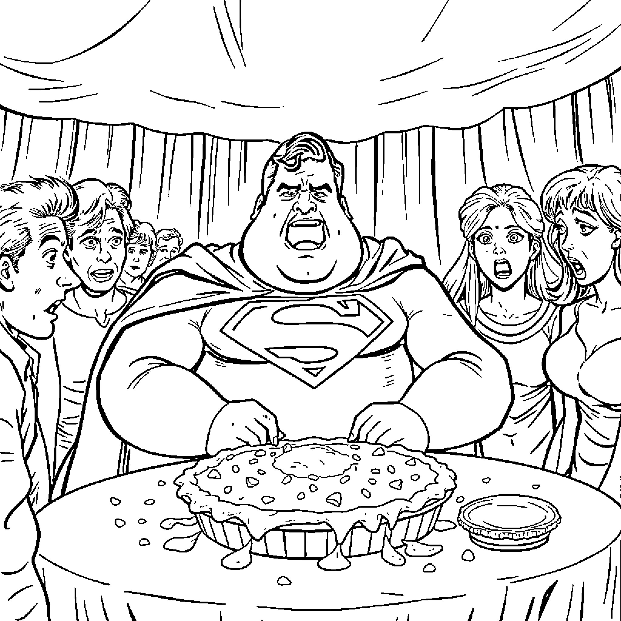 Superman's Mighty Appetite: A Superhero Feast Coloring Page (free black-and-white line drawing printable PDF for all, from beginners to advanced learners, including children, teens, adults, and seniors)