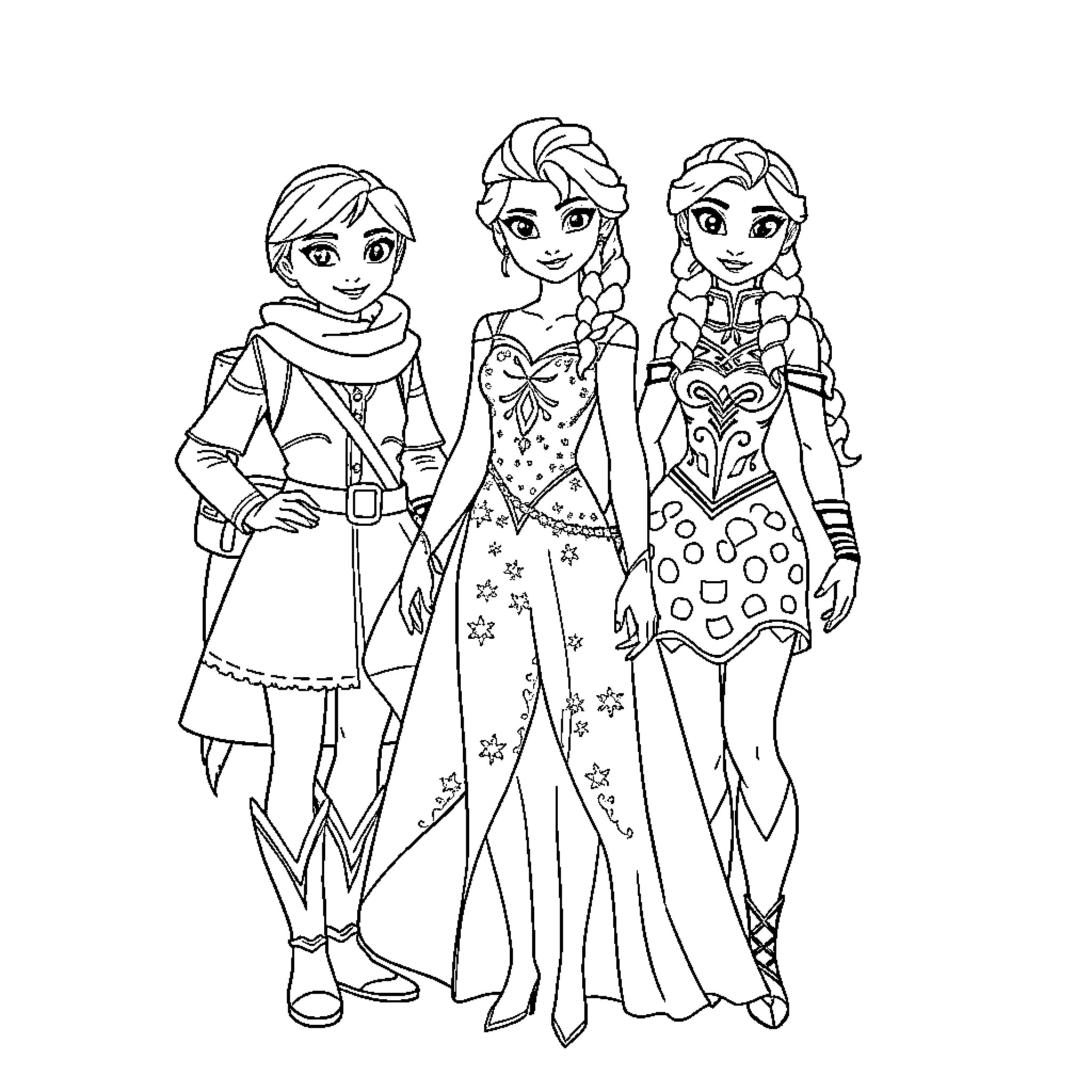 Elsa and friends in vibrant outfits and poses Coloring Page (free black-and-white line drawing printable PDF for all, from beginners to advanced learners, including children, teens, adults, and seniors)