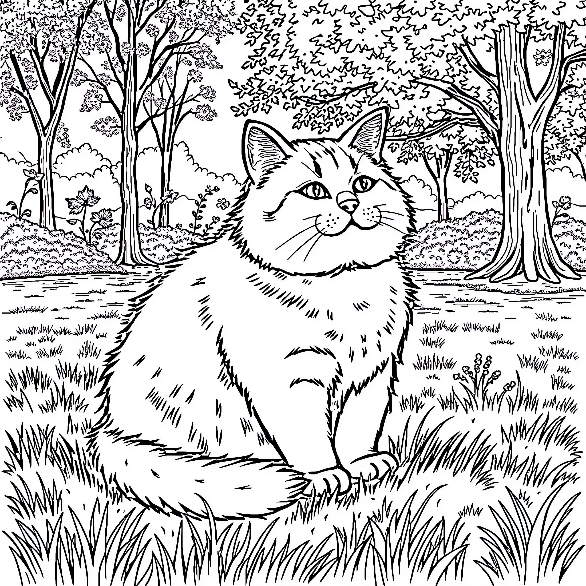 Cat relaxing in the serene forest Coloring Page (free black-and-white line drawing printable PDF for all, from beginners to advanced learners, including children, teens, adults, and seniors)