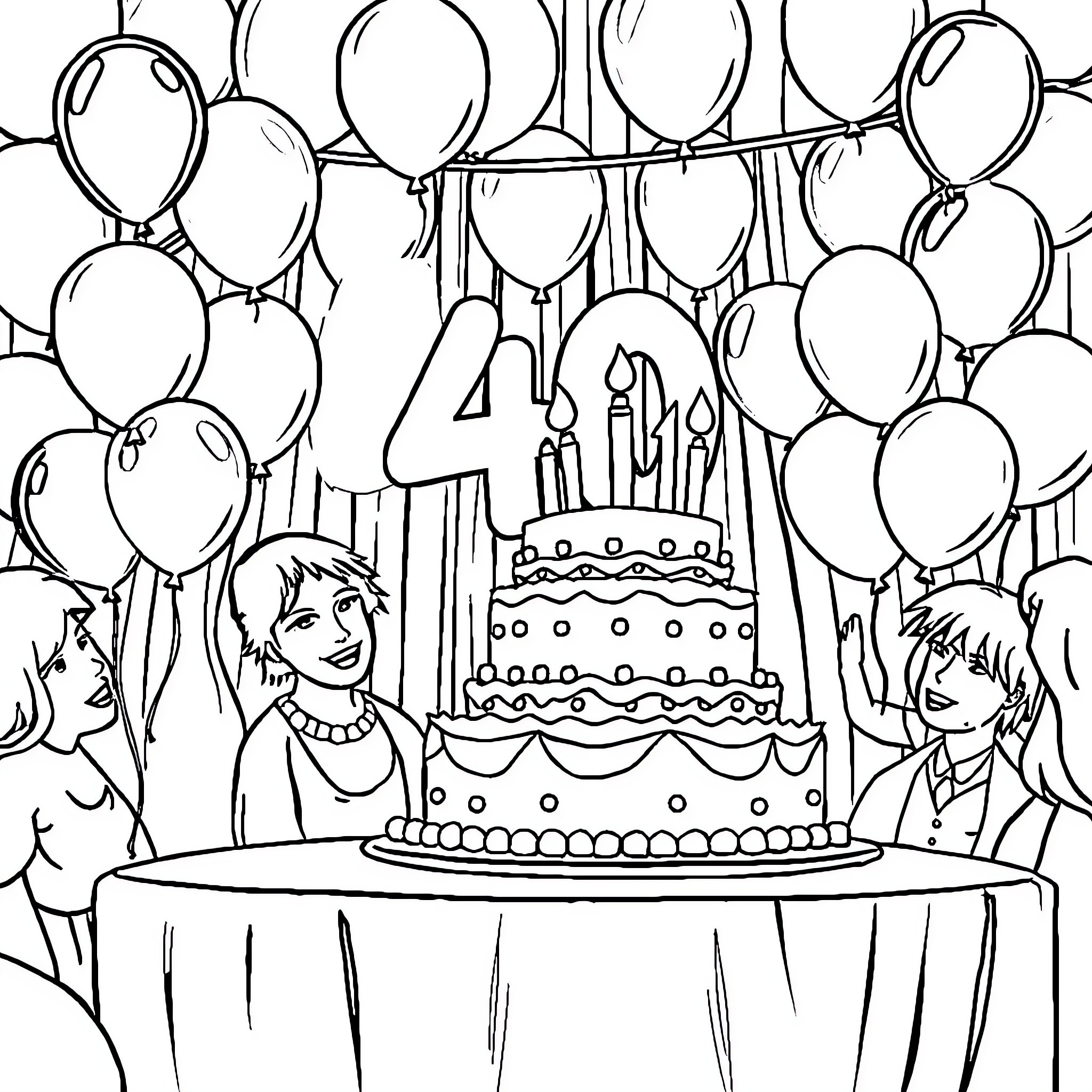 Birthday celebration with cake and balloons Coloring Page (free black-and-white line drawing printable PDF for all, from beginners to advanced learners, including children, teens, adults, and seniors)