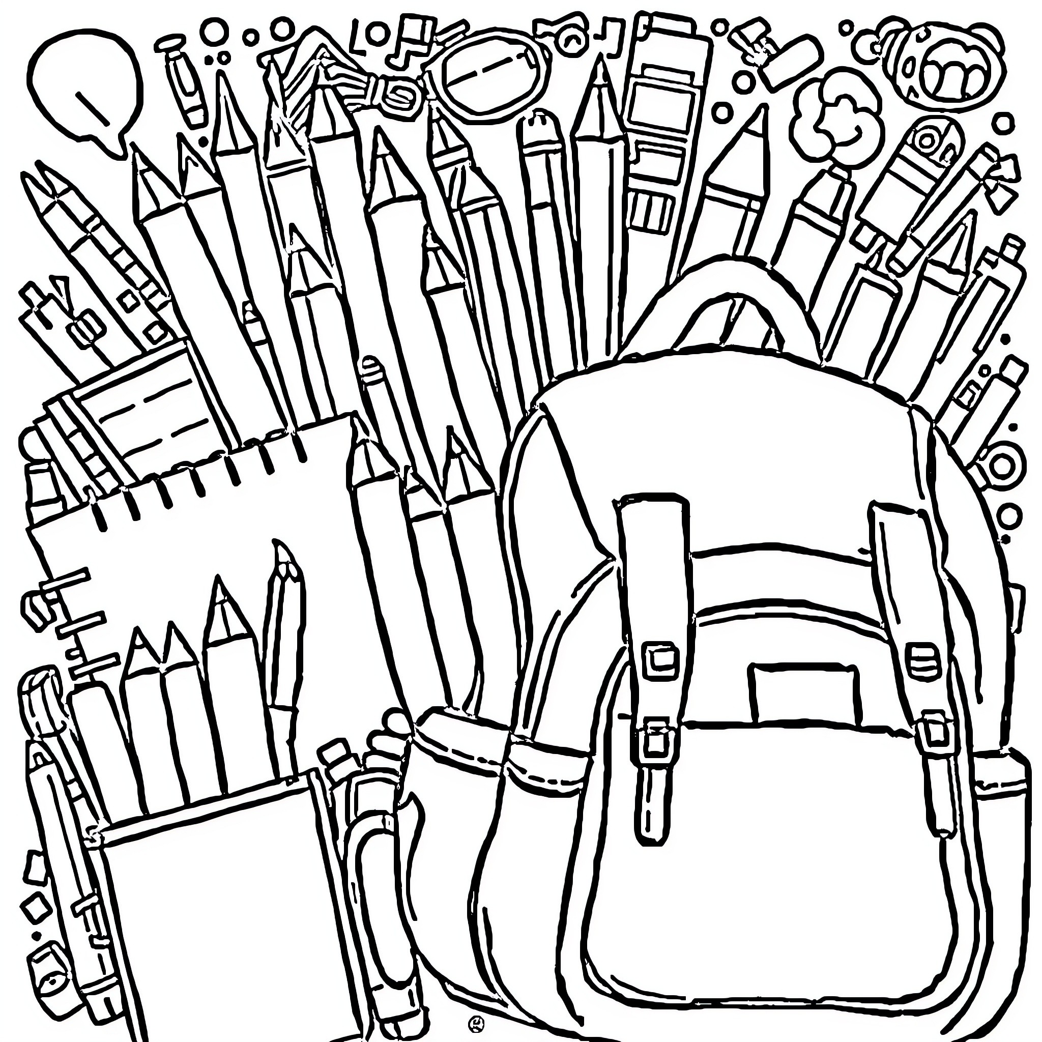 School Supply Arrangement with Backpack and Stationery Coloring Page (free black-and-white line drawing printable PDF for all, from beginners to advanced learners, including children, teens, adults, and seniors)