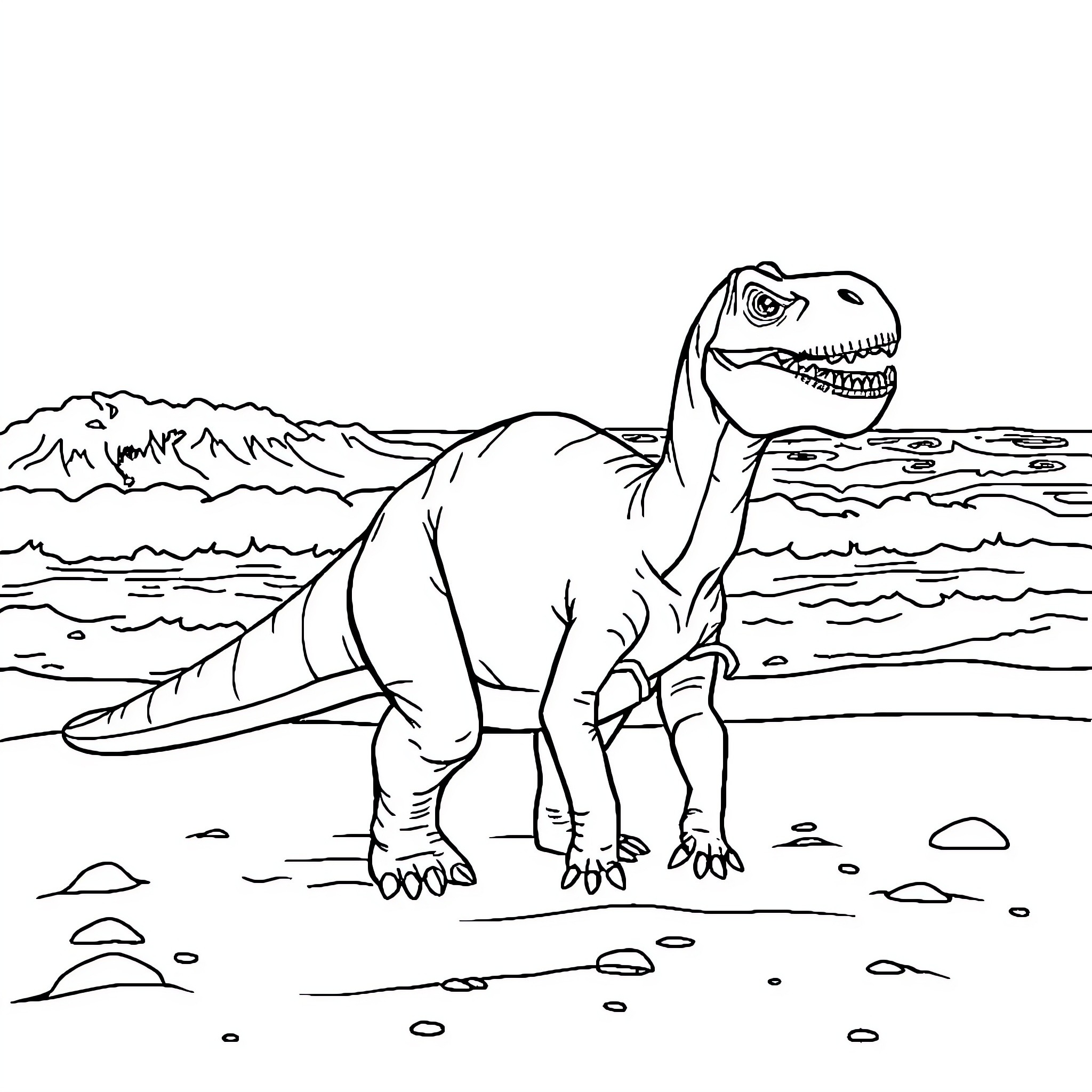 Dinosaur stomping through prehistoric landscape Coloring Page (free black-and-white line drawing printable PDF for all, from beginners to advanced learners, including children, teens, adults, and seniors)