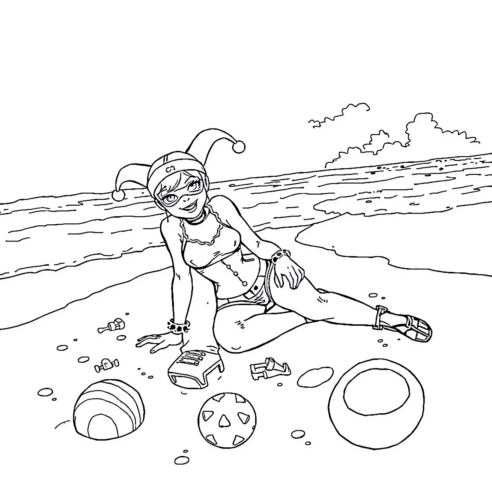 Harley Quinn enjoying a day at the beach Coloring Page (free black-and-white line drawing printable PDF for all, from beginners to advanced learners, including children, teens, adults, and seniors)