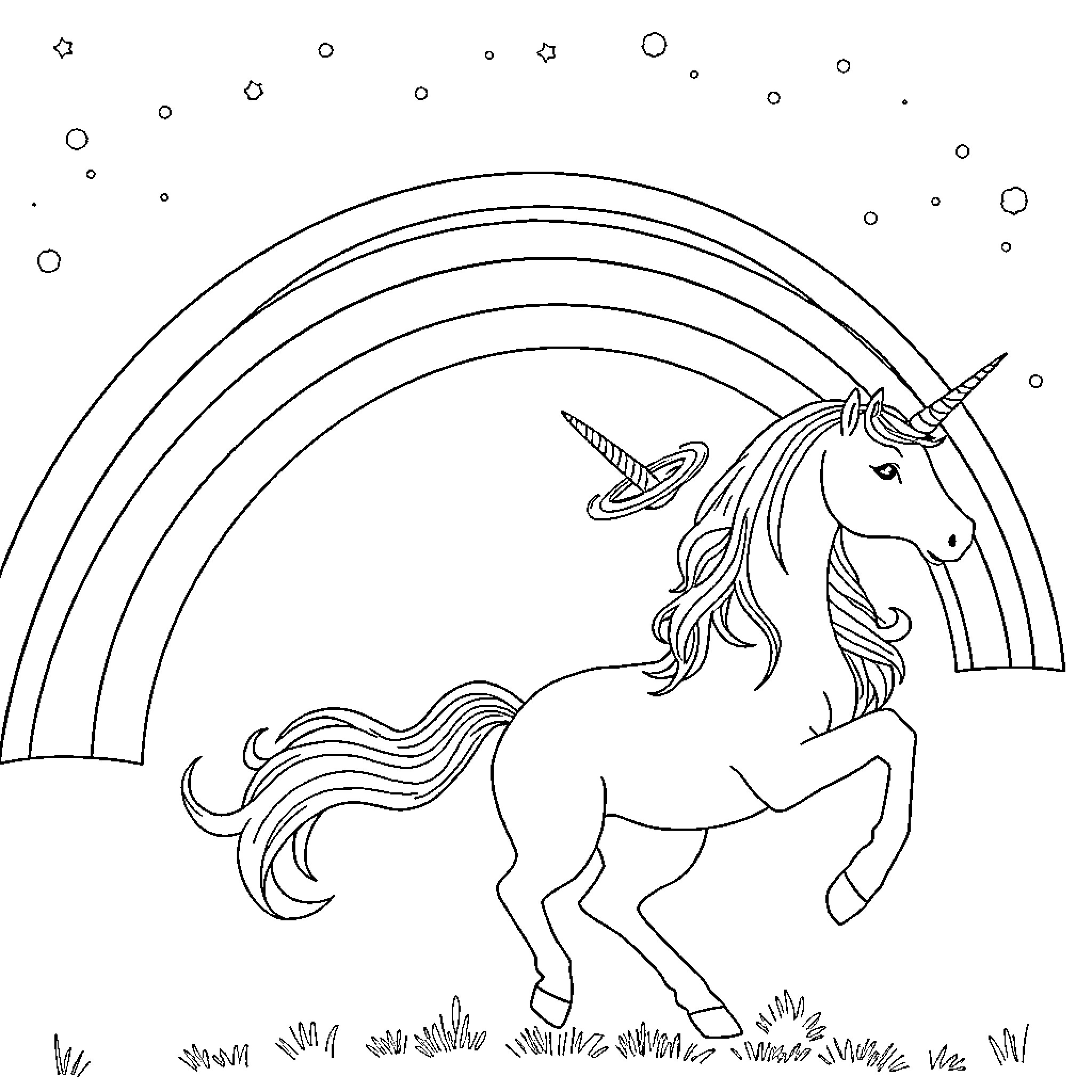 Unicorn running happily under the rainbow Coloring Page (free black-and-white line drawing printable PDF for all, from beginners to advanced learners, including children, teens, adults, and seniors)