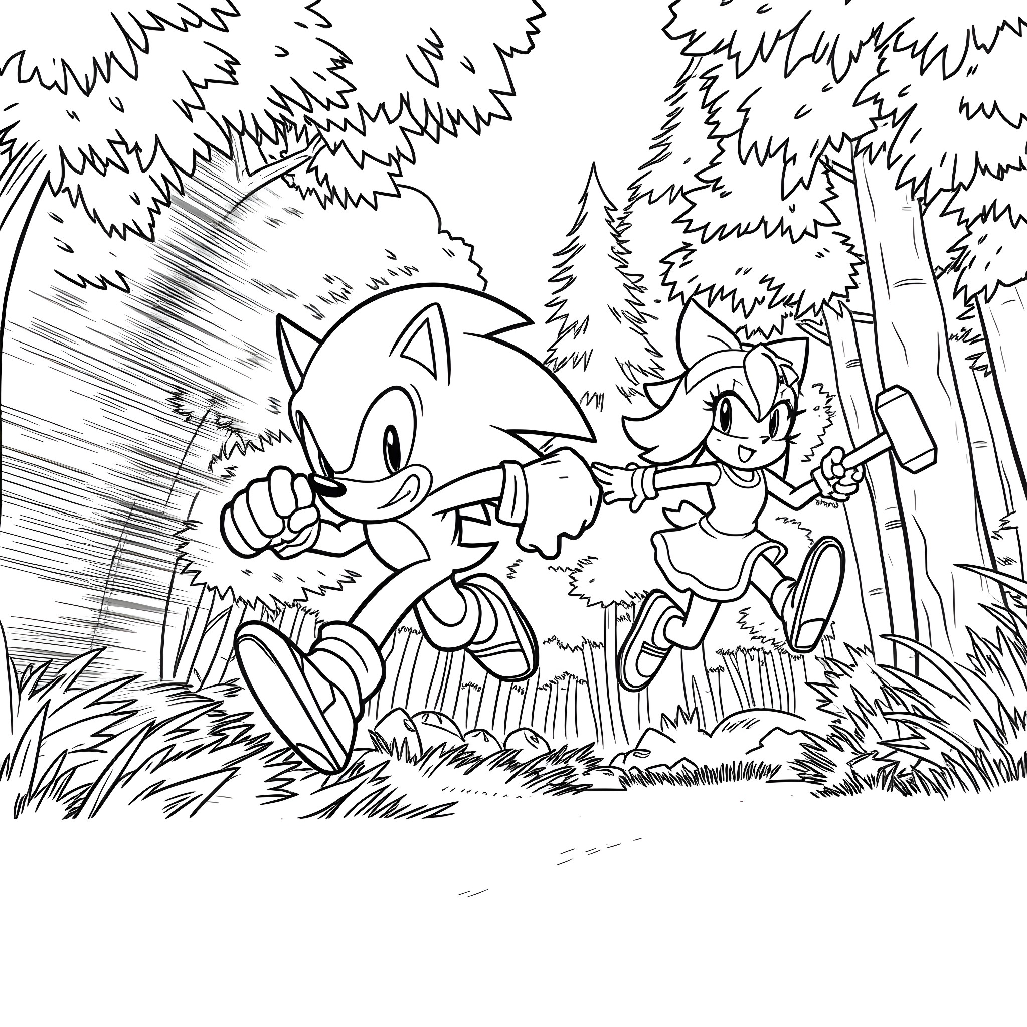 Sonic and Tails racing through the forest Coloring Page (free black-and-white line drawing printable PDF for all, from beginners to advanced learners, including children, teens, adults, and seniors)