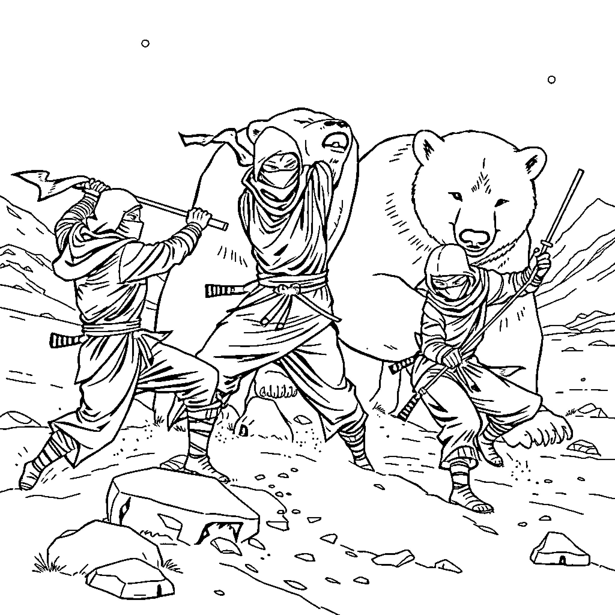 Ninja warriors engaged in fierce combat in the wilderness Coloring Page (free black-and-white line drawing printable PDF for all, from beginners to advanced learners, including children, teens, adults, and seniors)