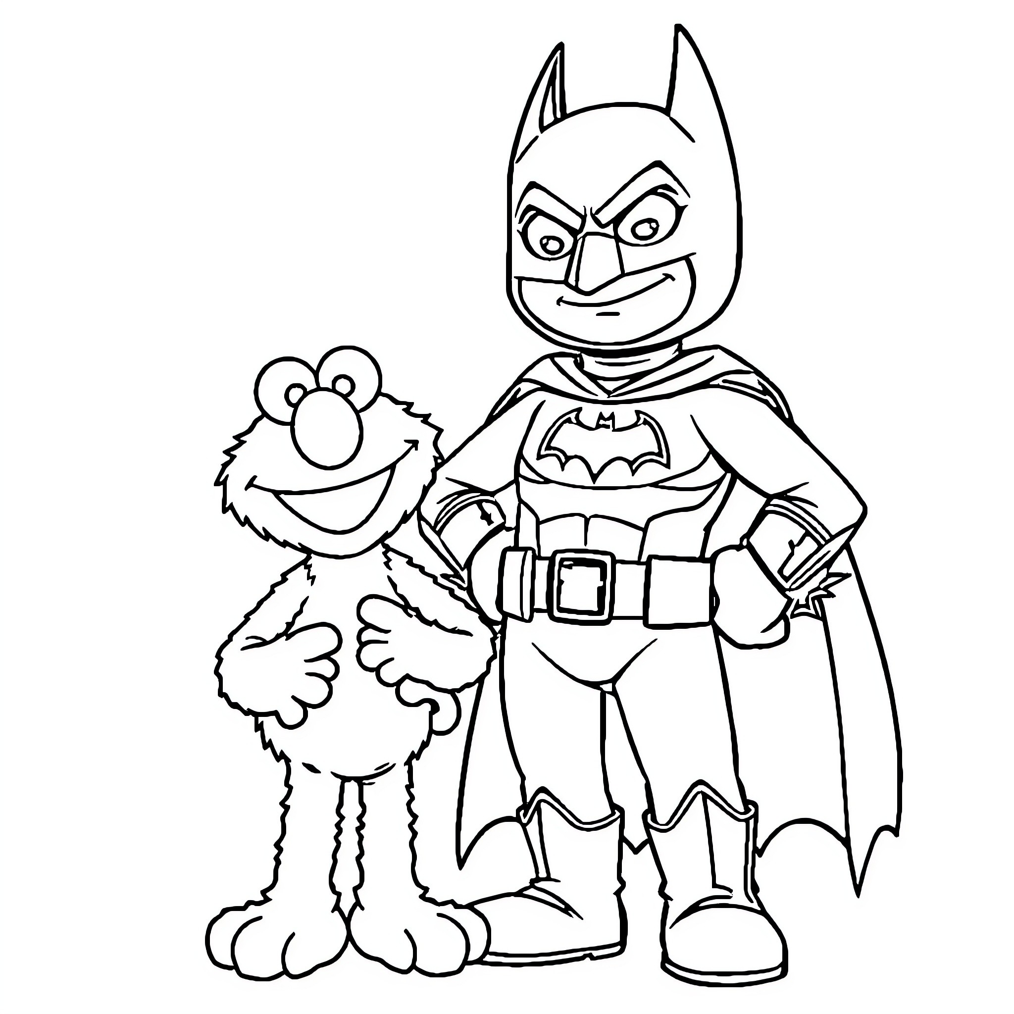 Elmo and Batman in Costume Coloring Page (free black-and-white line drawing printable PDF for all, from beginners to advanced learners, including children, teens, adults, and seniors)