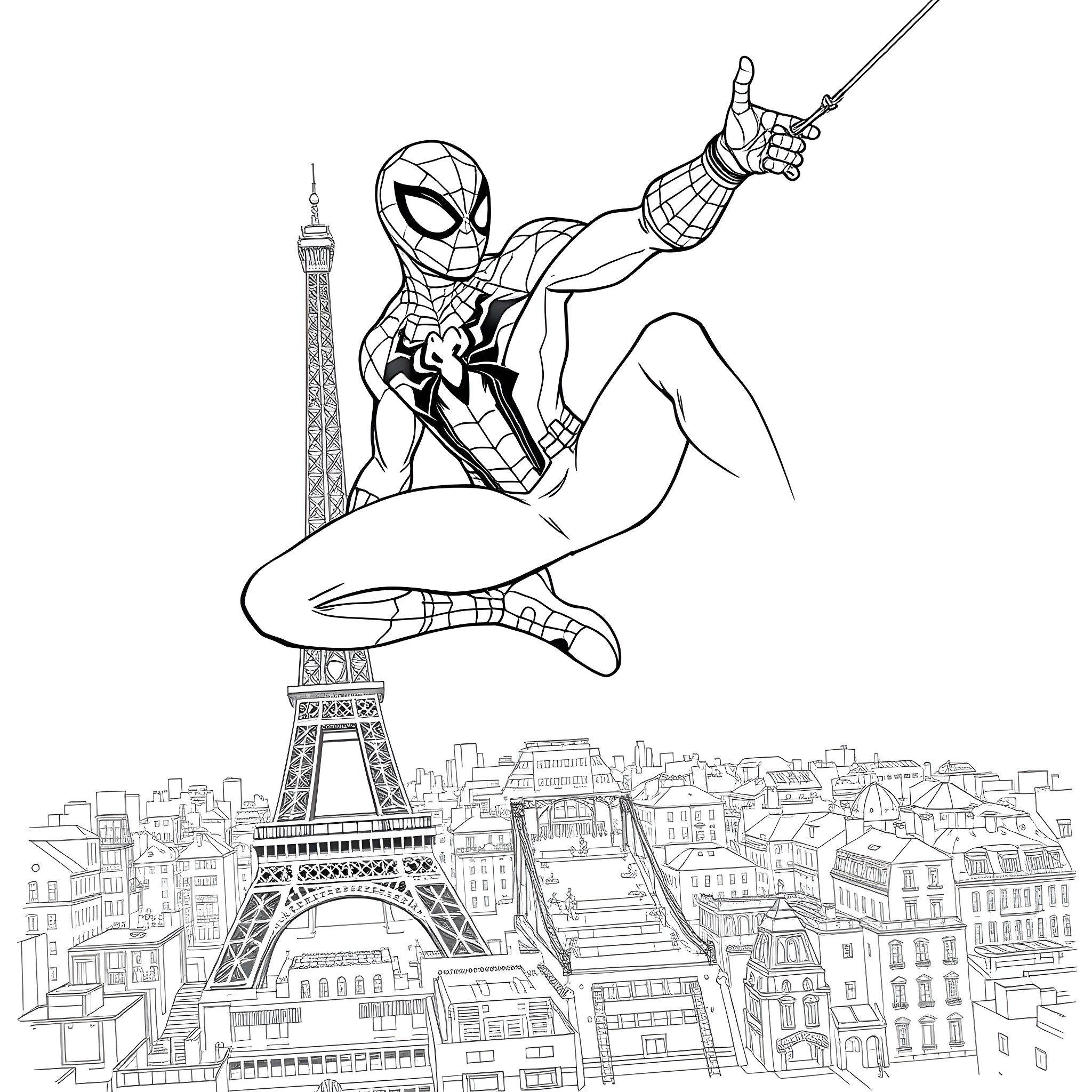 Spiderman swinging above the Eiffel Tower Coloring Page (free black-and-white line drawing printable PDF for all, from beginners to advanced learners, including children, teens, adults, and seniors)