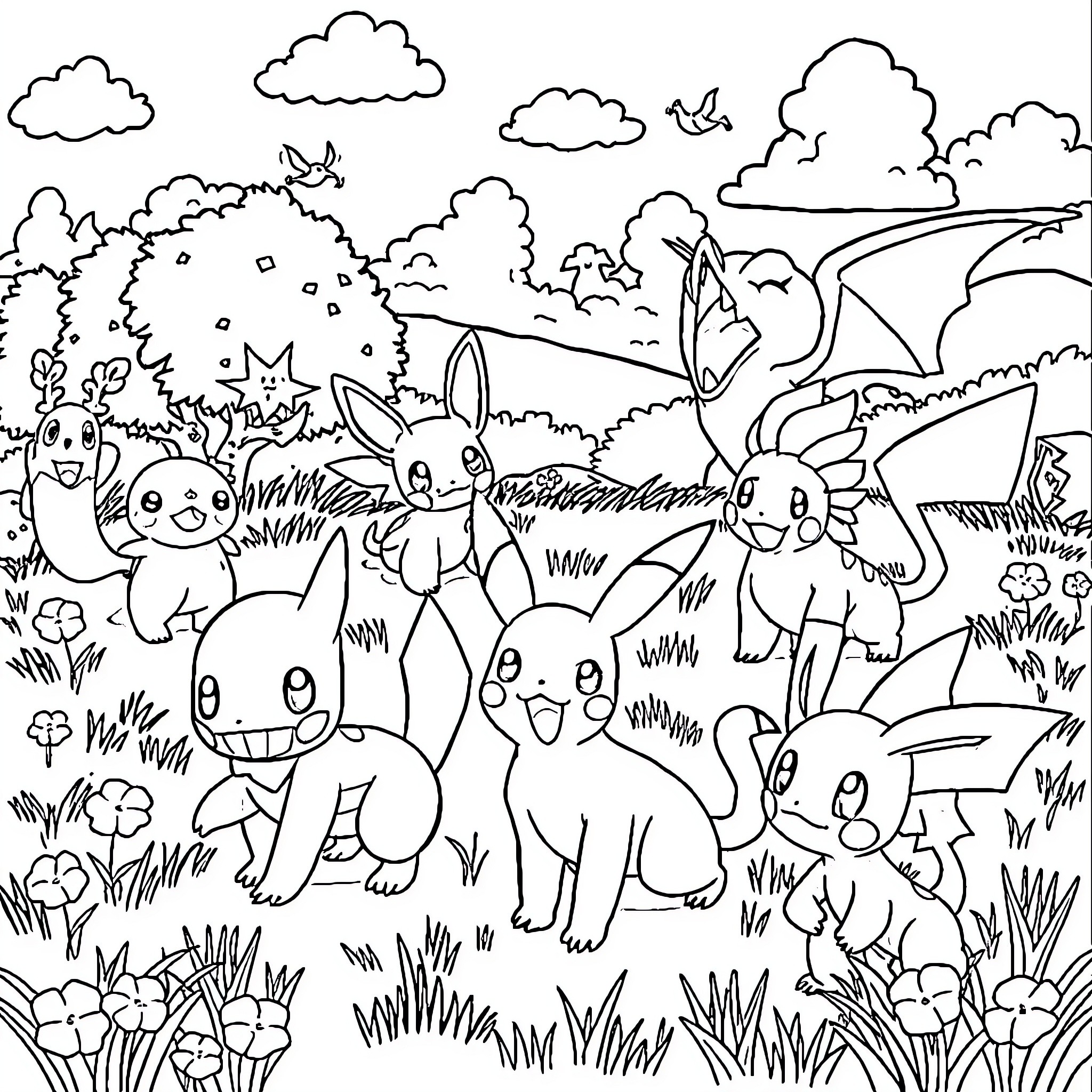 Pokémon friends playing in the meadow Coloring Page (free black-and-white line drawing printable PDF for all, from beginners to advanced learners, including children, teens, adults, and seniors)