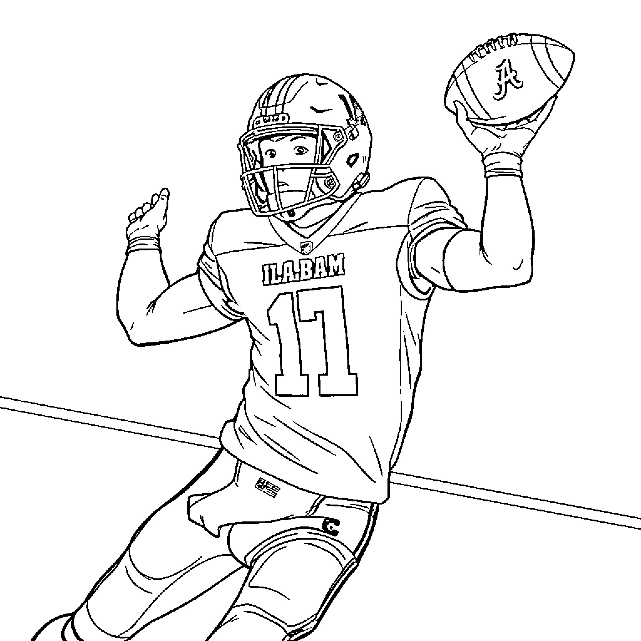 Football Player Celebrating Victory with Ball Coloring Page (free black-and-white line drawing printable PDF for all, from beginners to advanced learners, including children, teens, adults, and seniors)