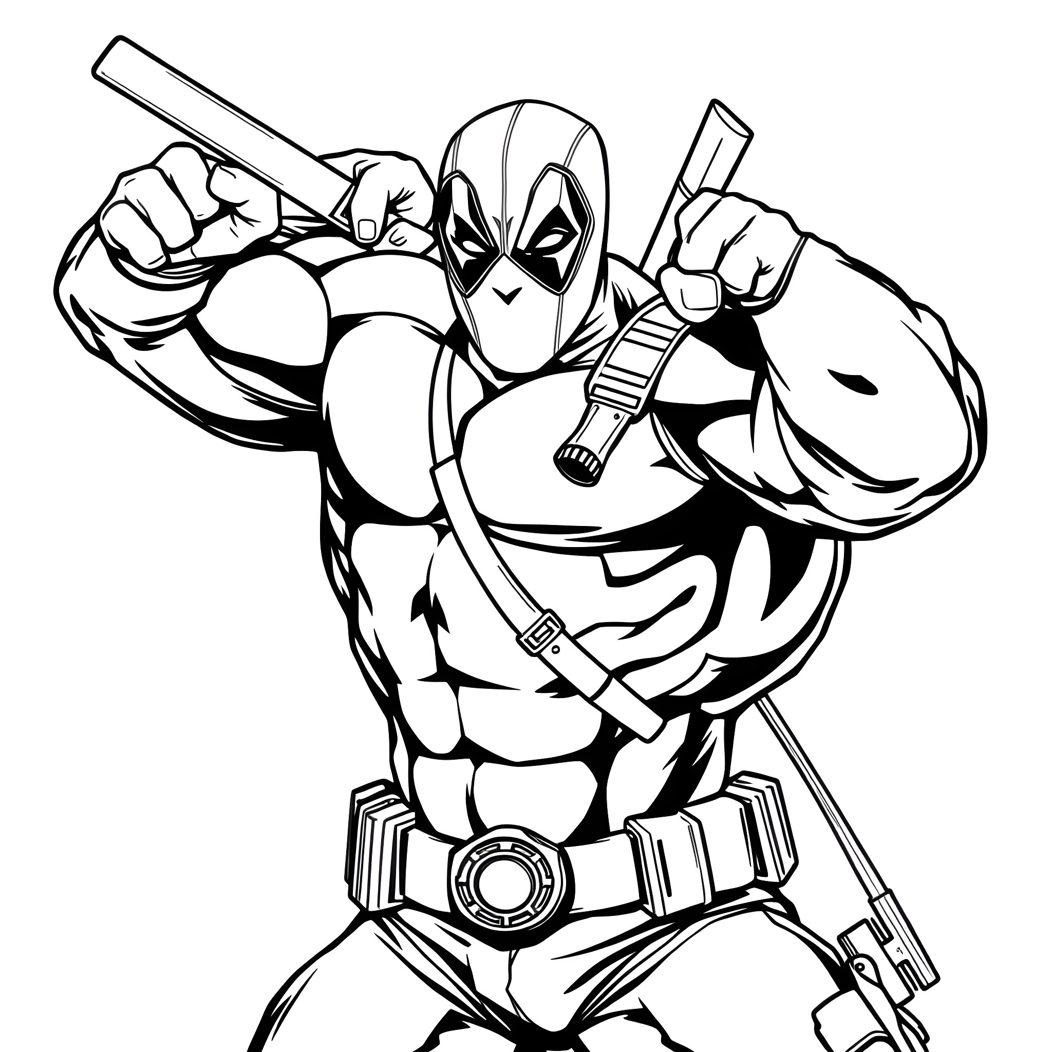 Hulking Man in Action-Packed Pose with Weaponry Coloring Page (free black-and-white line drawing printable PDF for all, from beginners to advanced learners, including children, teens, adults, and seniors)