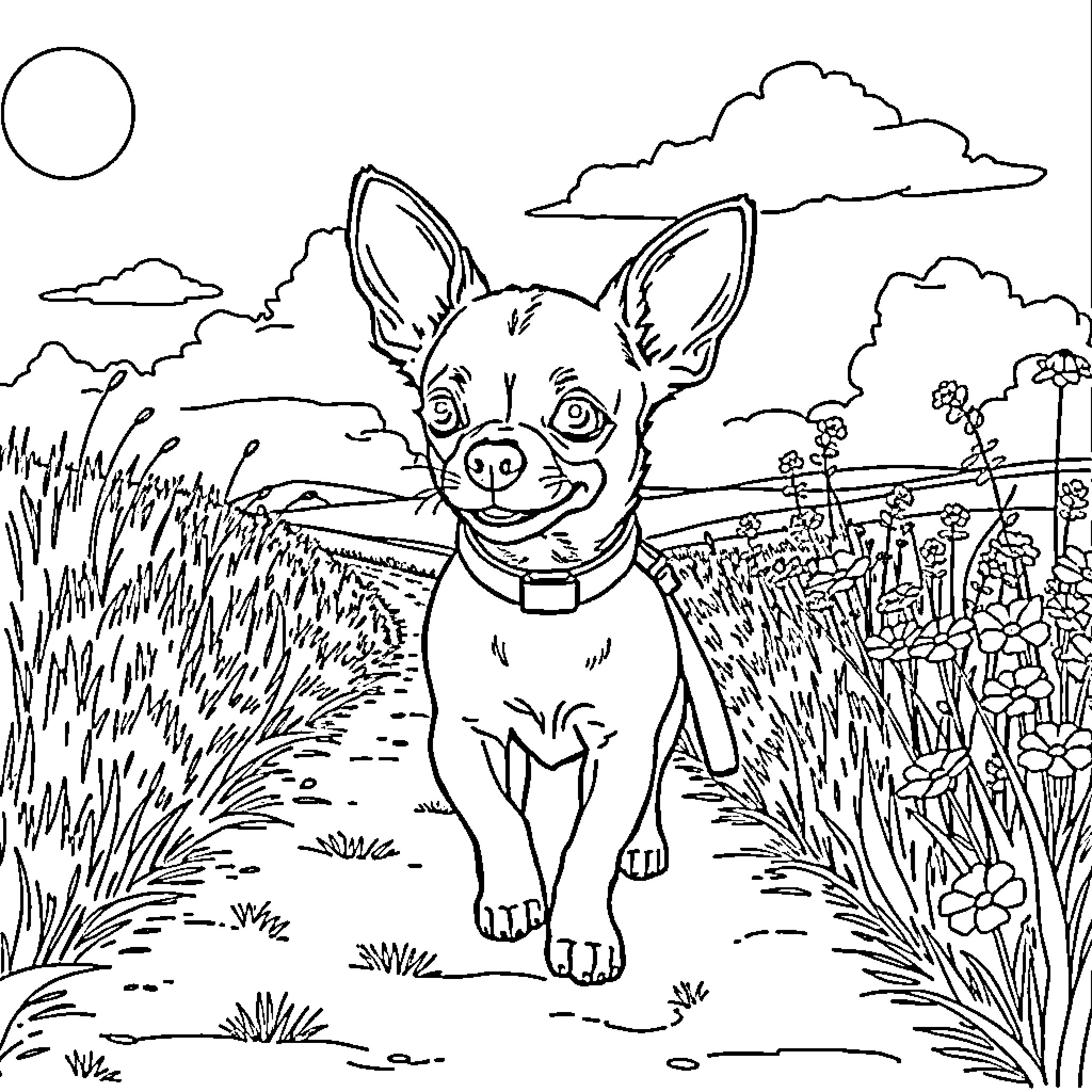 Chihuahua exploring a serene outdoor landscape Coloring Page (free black-and-white line drawing printable PDF for all, from beginners to advanced learners, including children, teens, adults, and seniors)