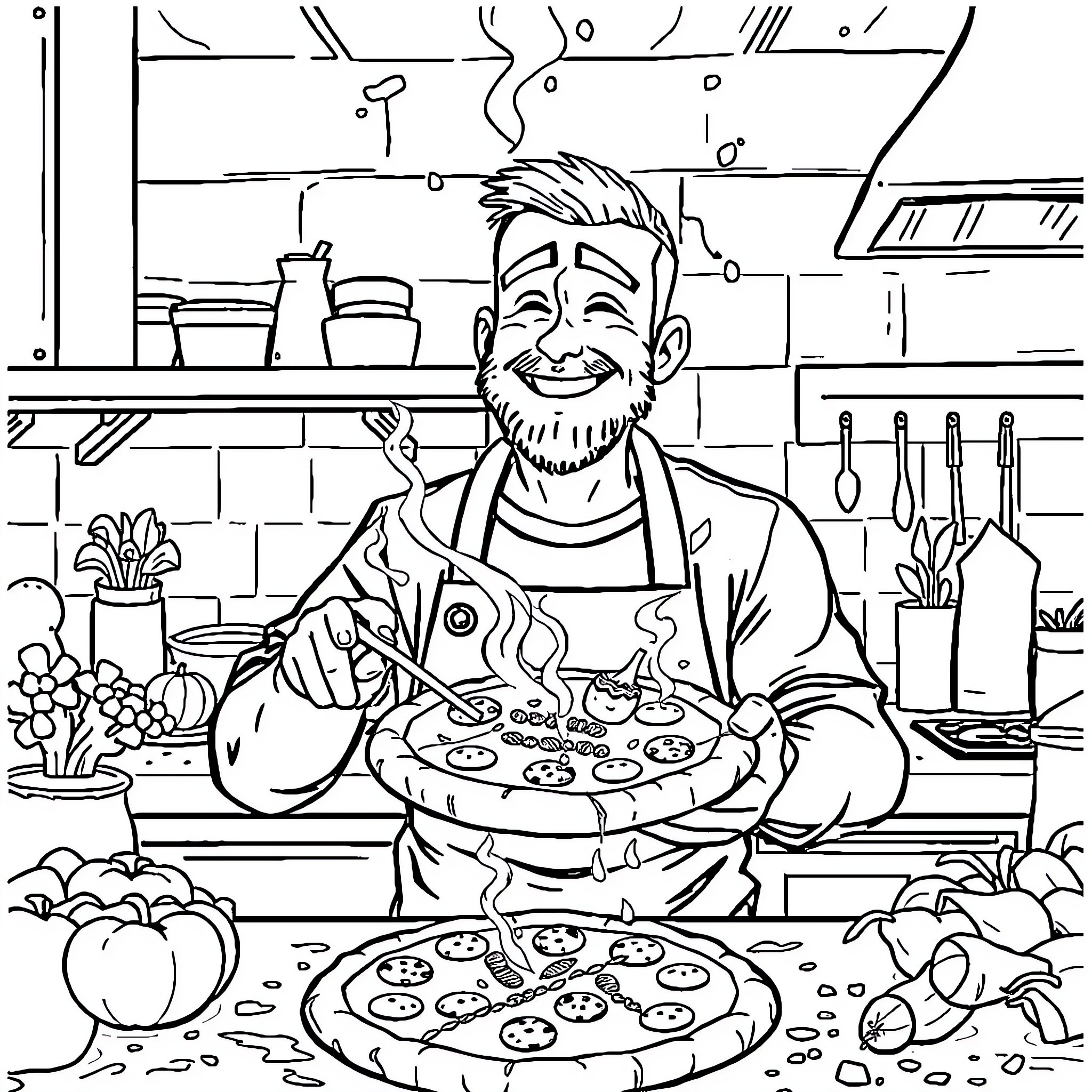 Man cooking and serving delicious pizza in the kitchen Coloring Page (free black-and-white line drawing printable PDF for all, from beginners to advanced learners, including children, teens, adults, and seniors)
