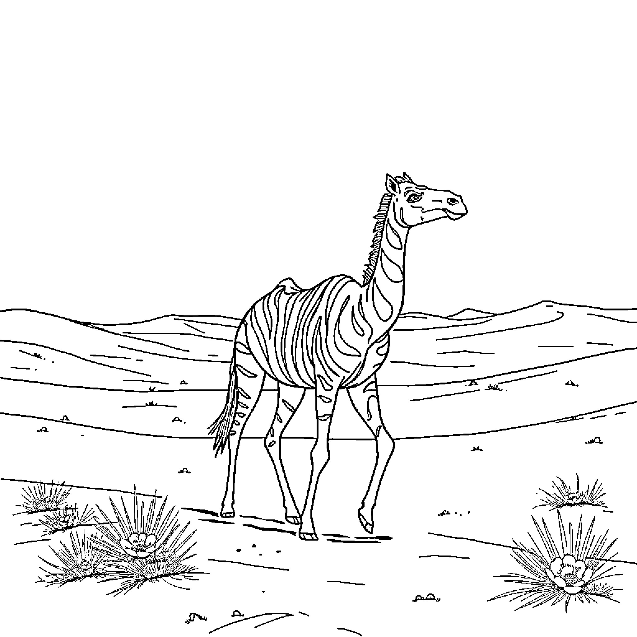Dromadaire wandering through the desert landscape Coloring Page (free black-and-white line drawing printable PDF for all, from beginners to advanced learners, including children, teens, adults, and seniors)
