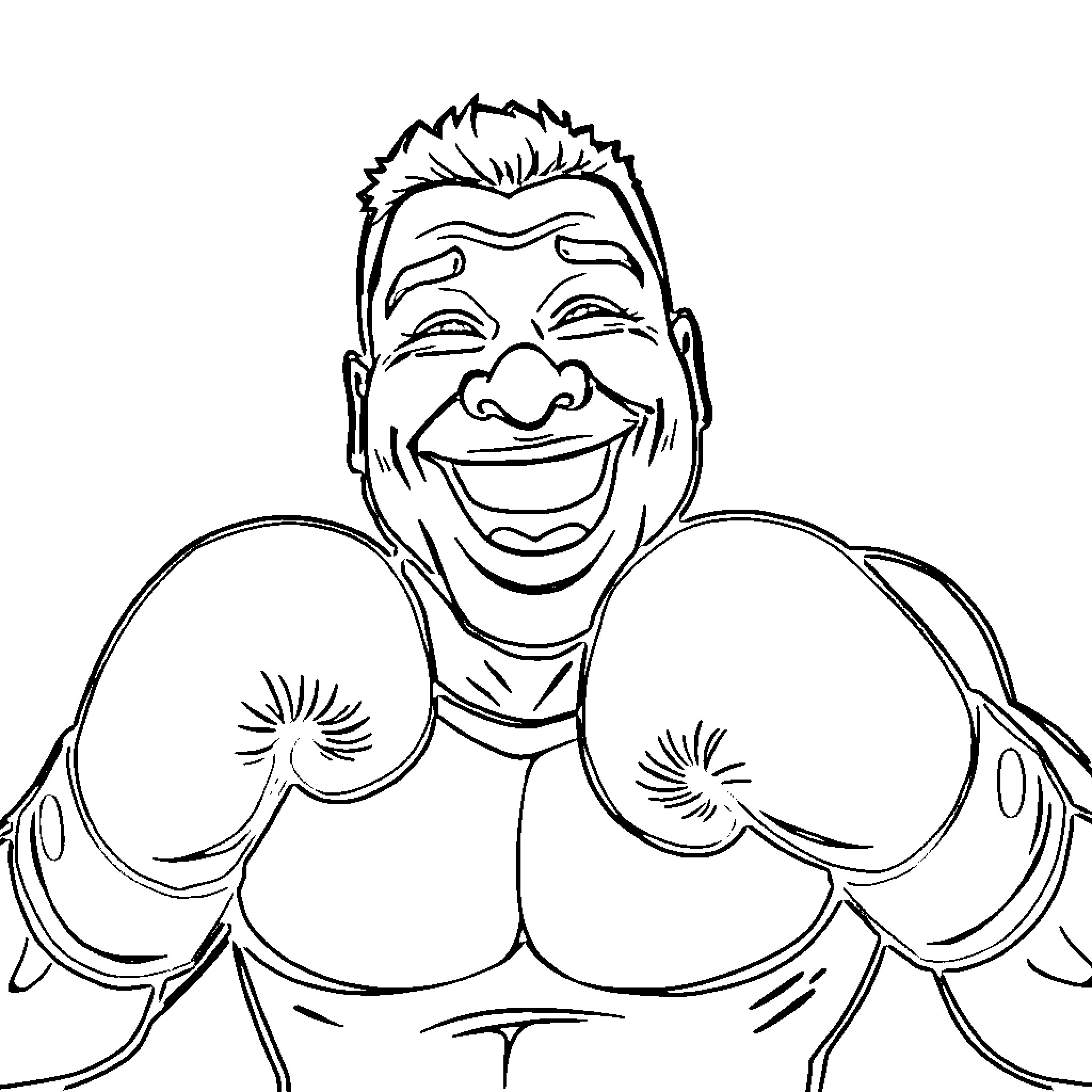 George Foreman smiling and posing in boxing gloves Coloring Page (free black-and-white line drawing printable PDF for all, from beginners to advanced learners, including children, teens, adults, and seniors)