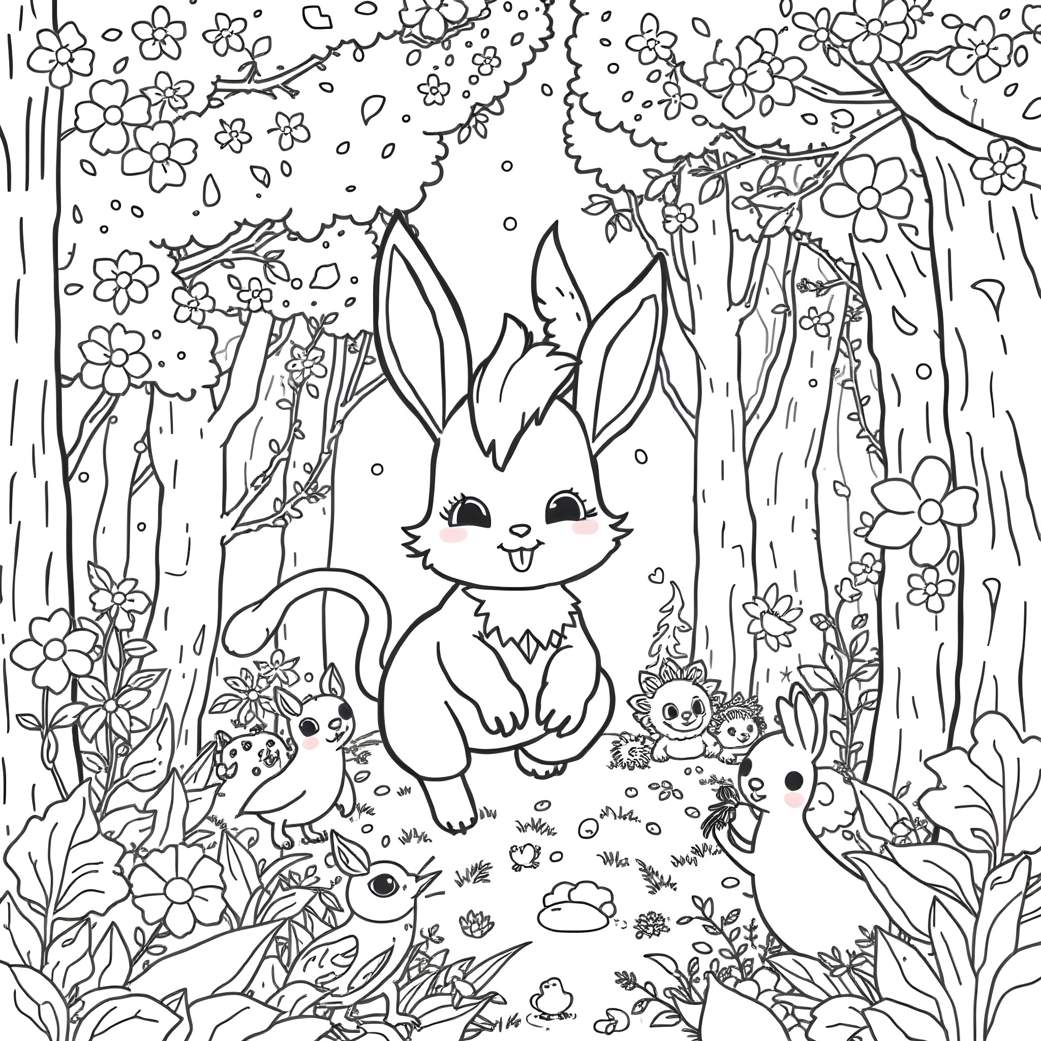 Ounibouni Rabbits Playing in Floral Garden Coloring Page (free black-and-white line drawing printable PDF for all, from beginners to advanced learners, including children, teens, adults, and seniors)