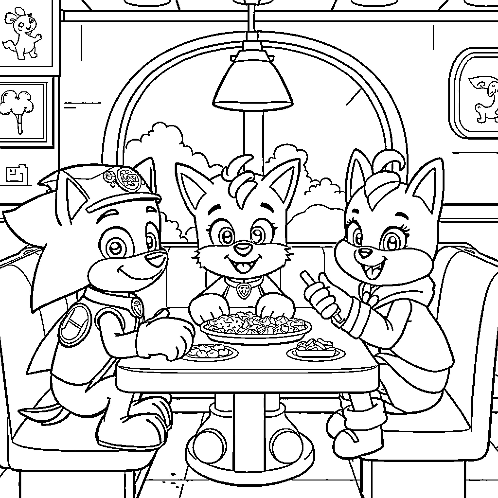 Paw Patrol Pups Having a Snack Together Coloring Page (free black-and-white line drawing printable PDF for all, from beginners to advanced learners, including children, teens, adults, and seniors)