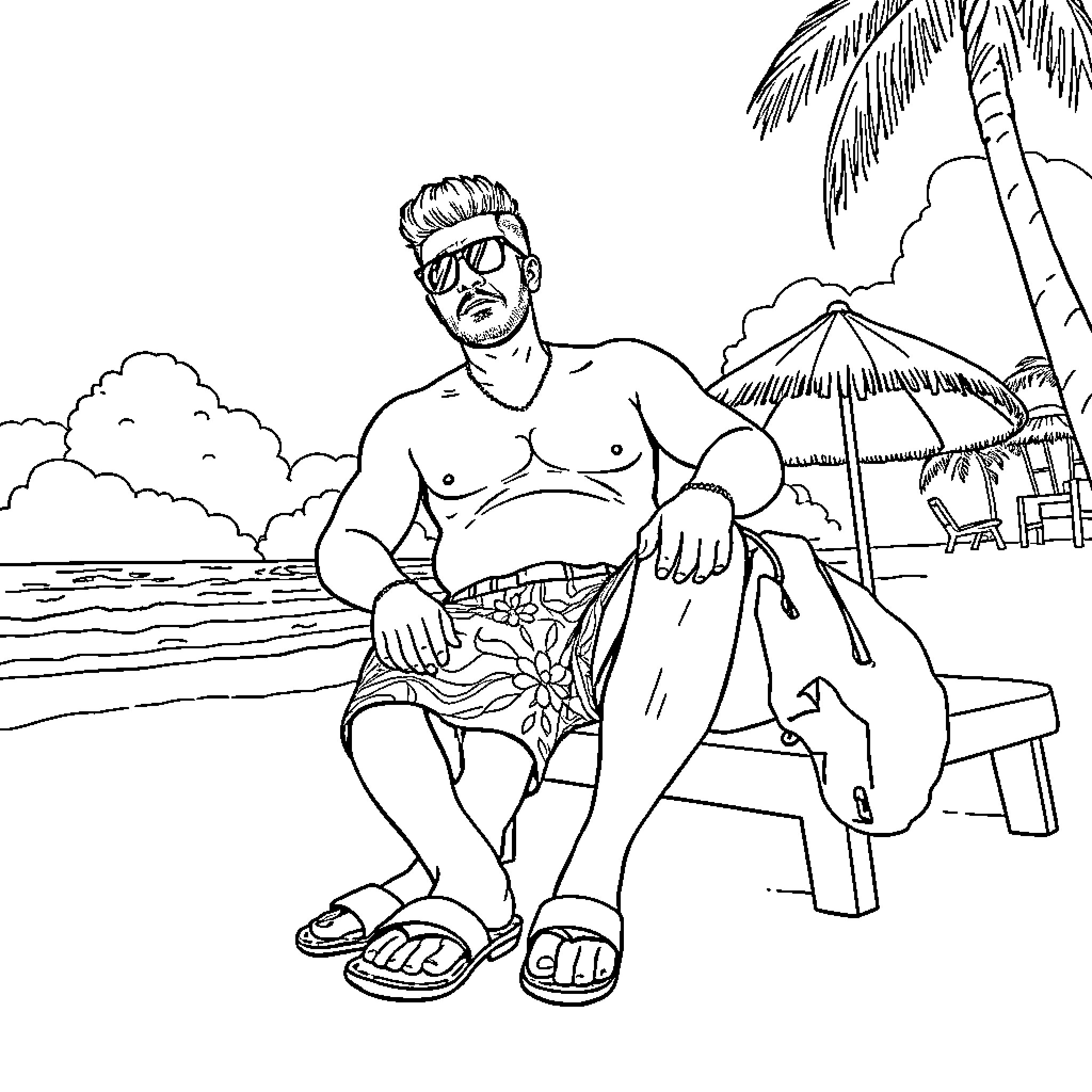 Emiliano Zapata relaxing on the beach Coloring Page (free black-and-white line drawing printable PDF for all, from beginners to advanced learners, including children, teens, adults, and seniors)
