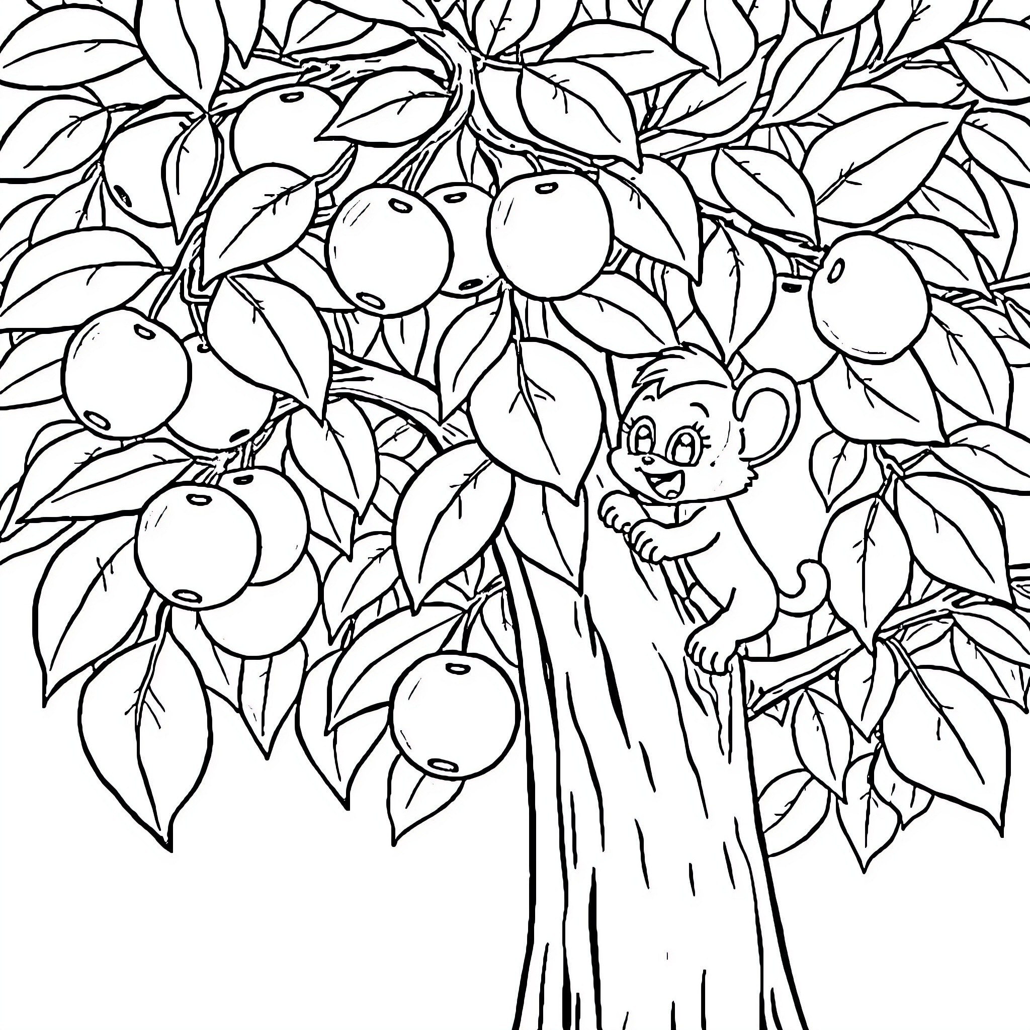 Bluey exploring a bountiful fruit tree Coloring Page (free black-and-white line drawing printable PDF for all, from beginners to advanced learners, including children, teens, adults, and seniors)