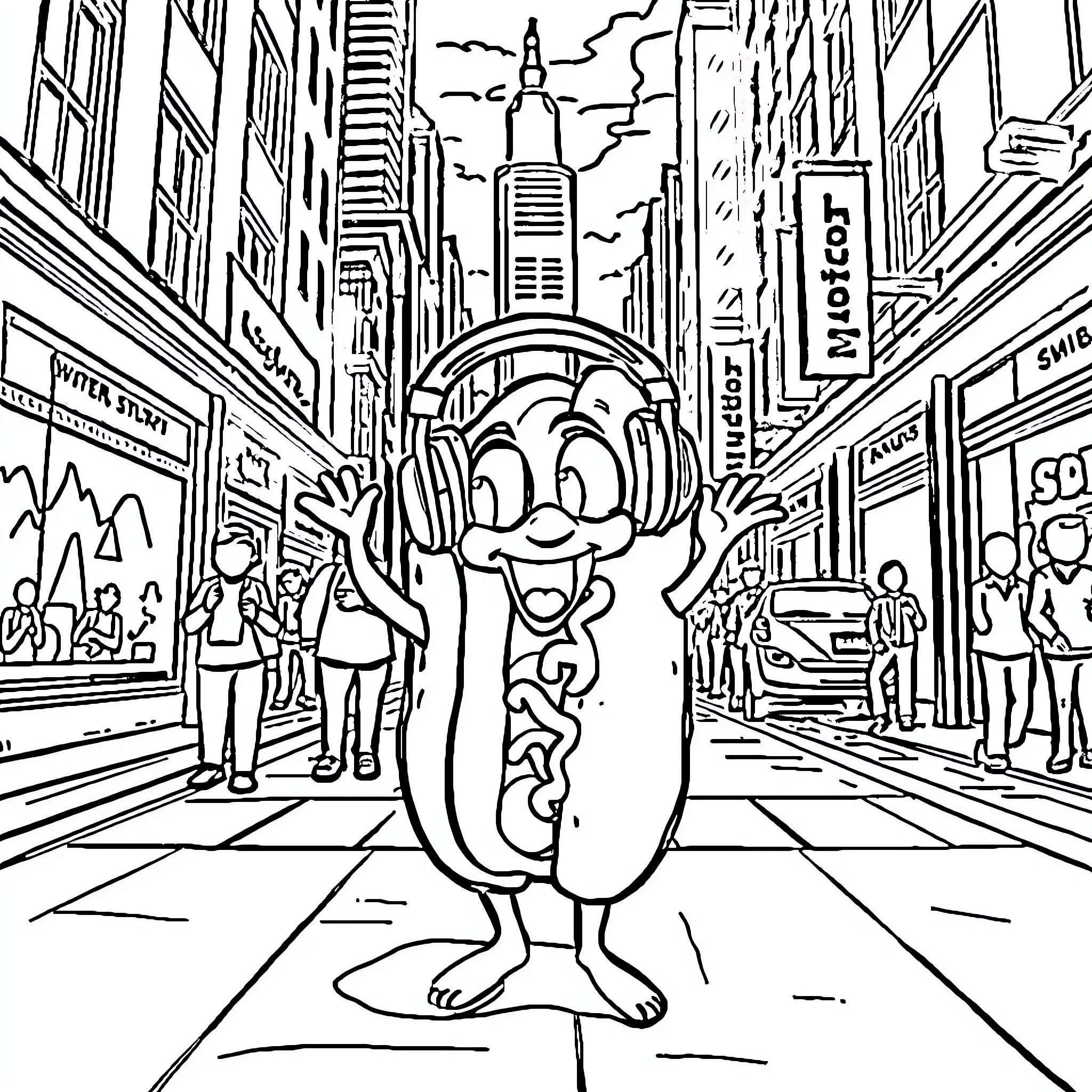 Hotdog character exploring vibrant city street Coloring Page (free black-and-white line drawing printable PDF for all, from beginners to advanced learners, including children, teens, adults, and seniors)