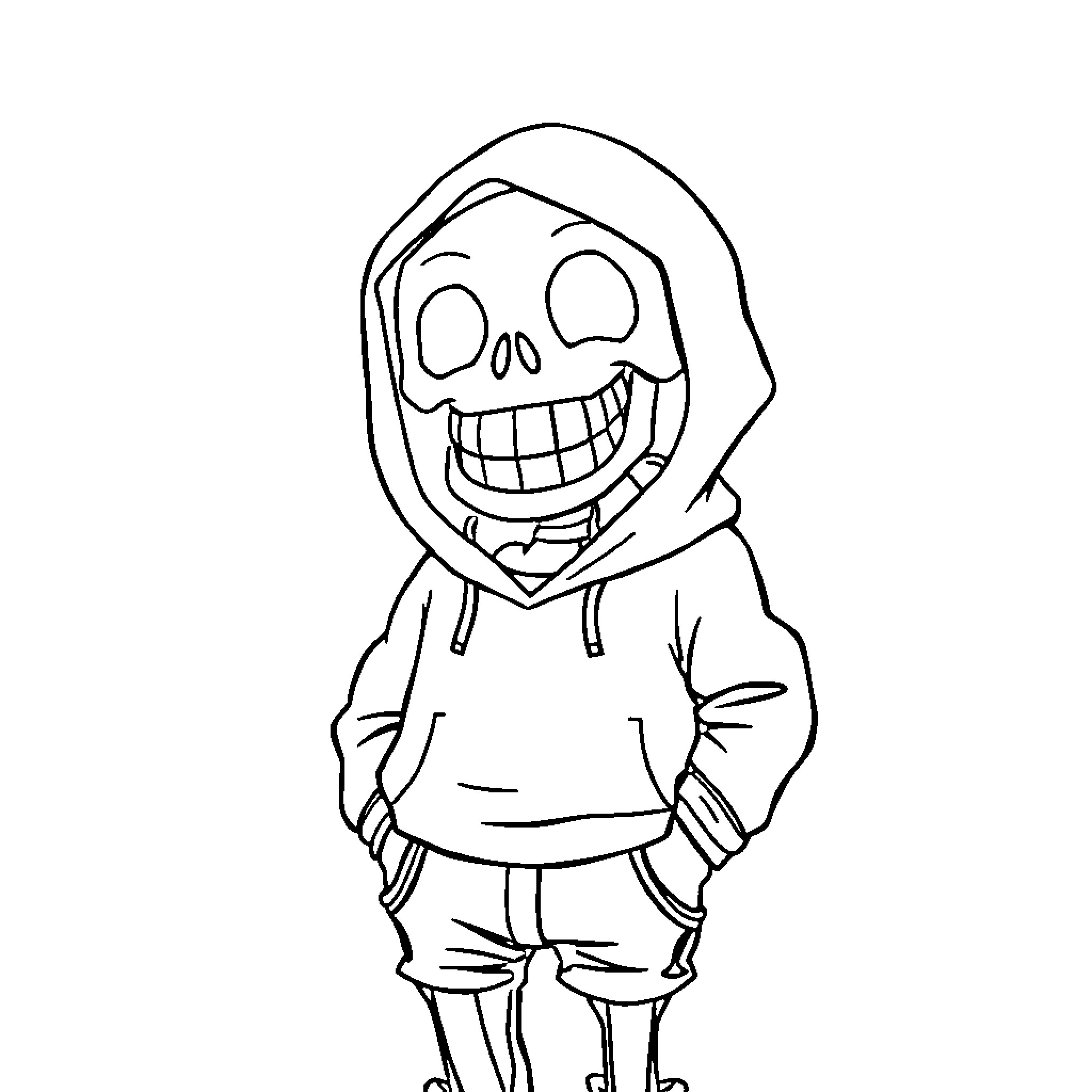 Sans Skeleton Character in Casual Outfit Coloring Page (free black-and-white line drawing printable PDF for all, from beginners to advanced learners, including children, teens, adults, and seniors)