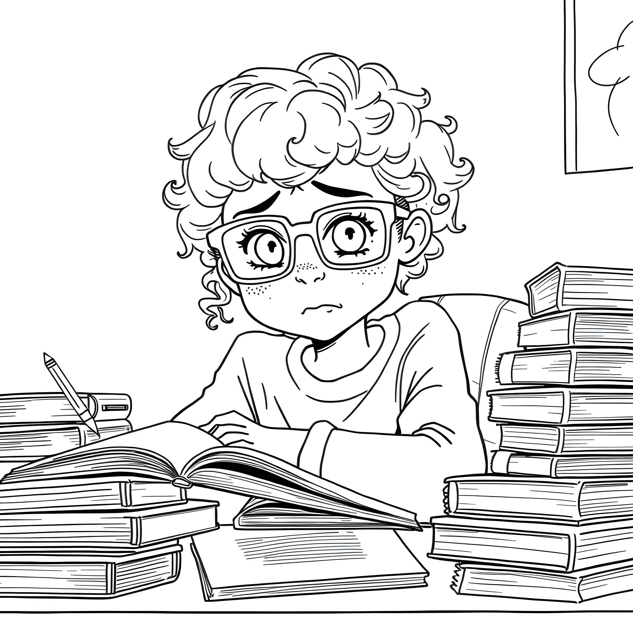 Girl intently studying at a desk with books Coloring Page (free black-and-white line drawing printable PDF for all, from beginners to advanced learners, including children, teens, adults, and seniors)