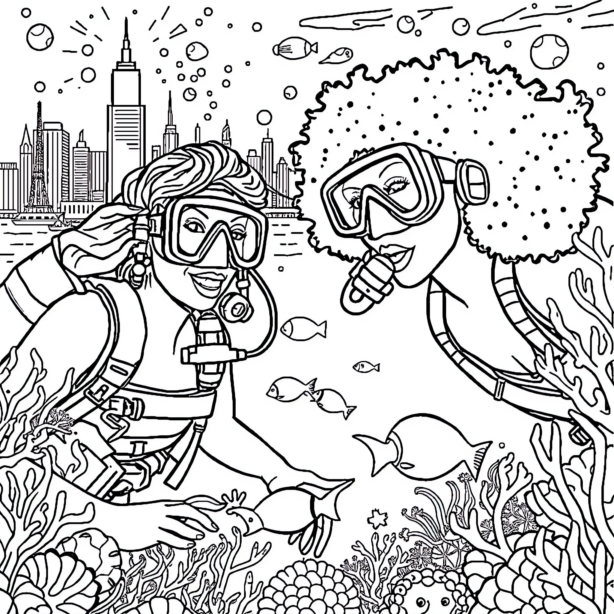Woman Scuba Diving in Underwater Wonderland Coloring Page (free black-and-white line drawing printable PDF for all, from beginners to advanced learners, including children, teens, adults, and seniors)