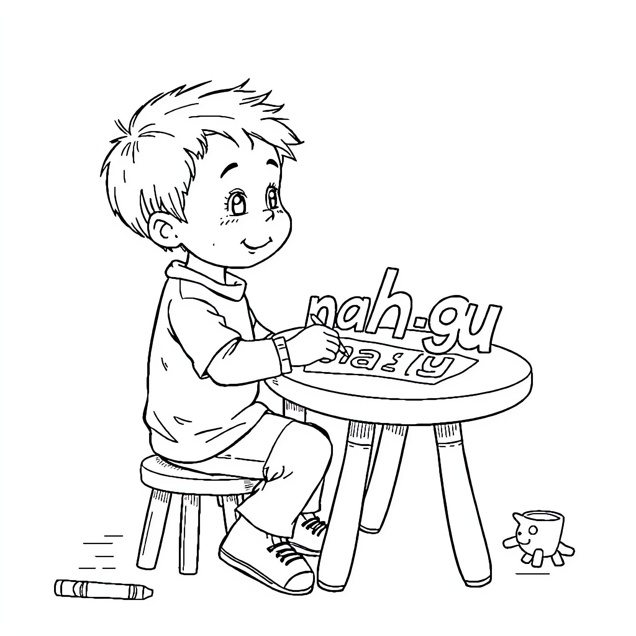 Boy Playing with Alphabet Puzzle Coloring Page (free black-and-white line drawing printable PDF for all, from beginners to advanced learners, including children, teens, adults, and seniors)
