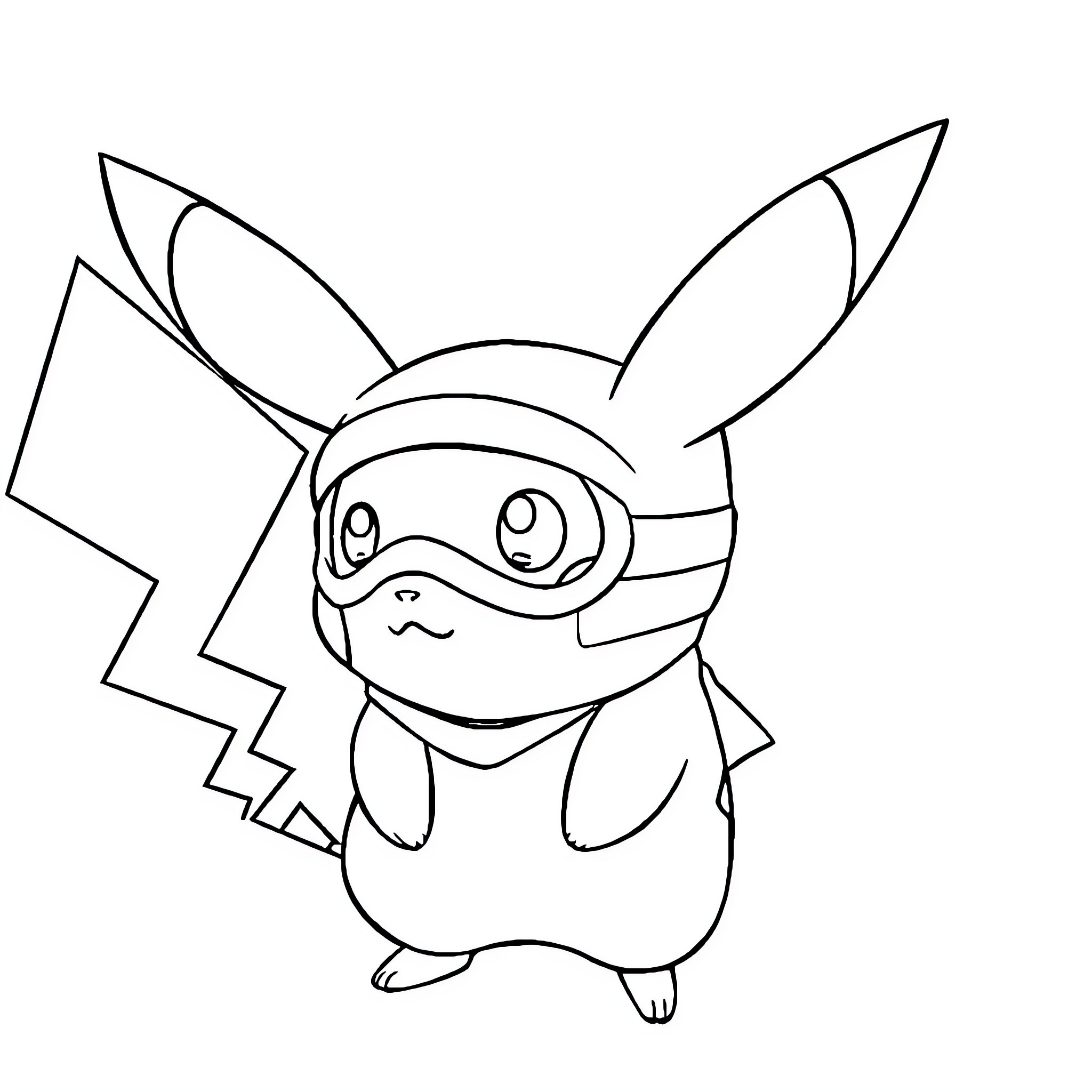 Pikachu wearing a mask and goggles Coloring Page (free black-and-white line drawing printable PDF for all, from beginners to advanced learners, including children, teens, adults, and seniors)