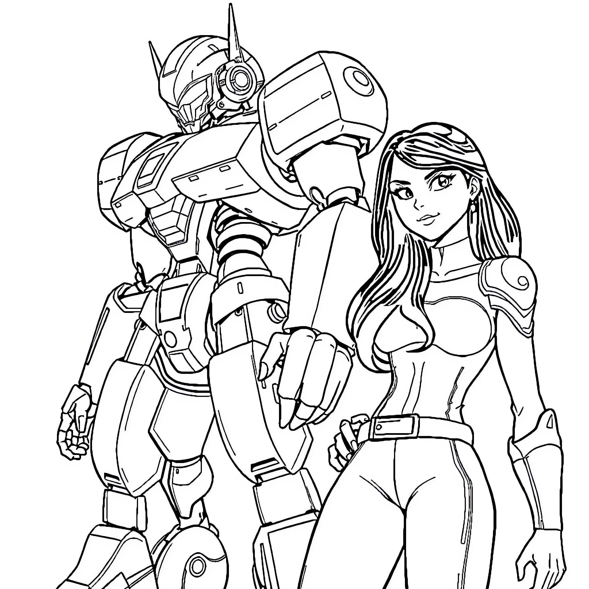 Ejen Alicia and her robotic companion in action Coloring Page (free black-and-white line drawing printable PDF for all, from beginners to advanced learners, including children, teens, adults, and seniors)
