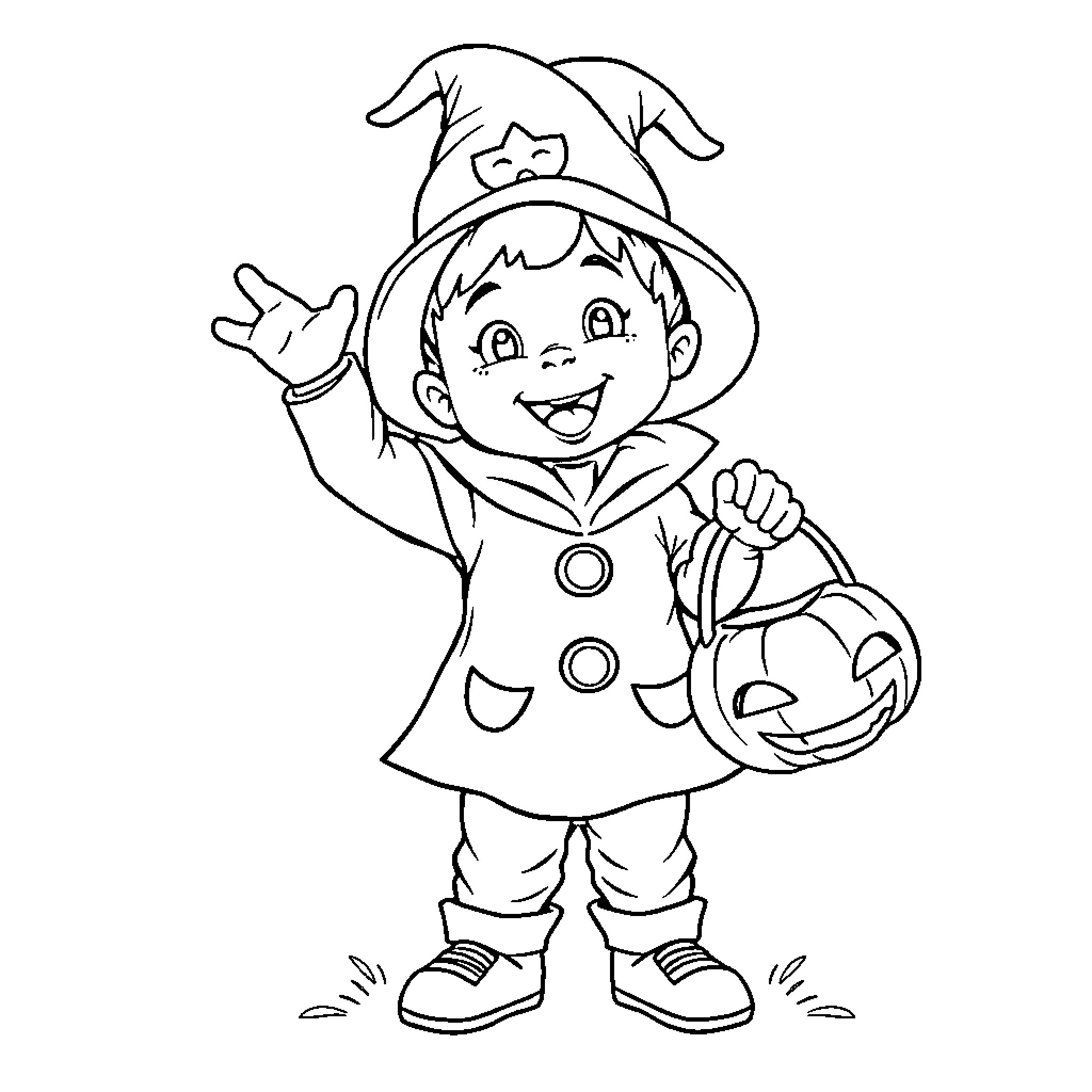 Toddler dressed as Halloween witch with candy basket Coloring Page (free black-and-white line drawing printable PDF for all, from beginners to advanced learners, including children, teens, adults, and seniors)