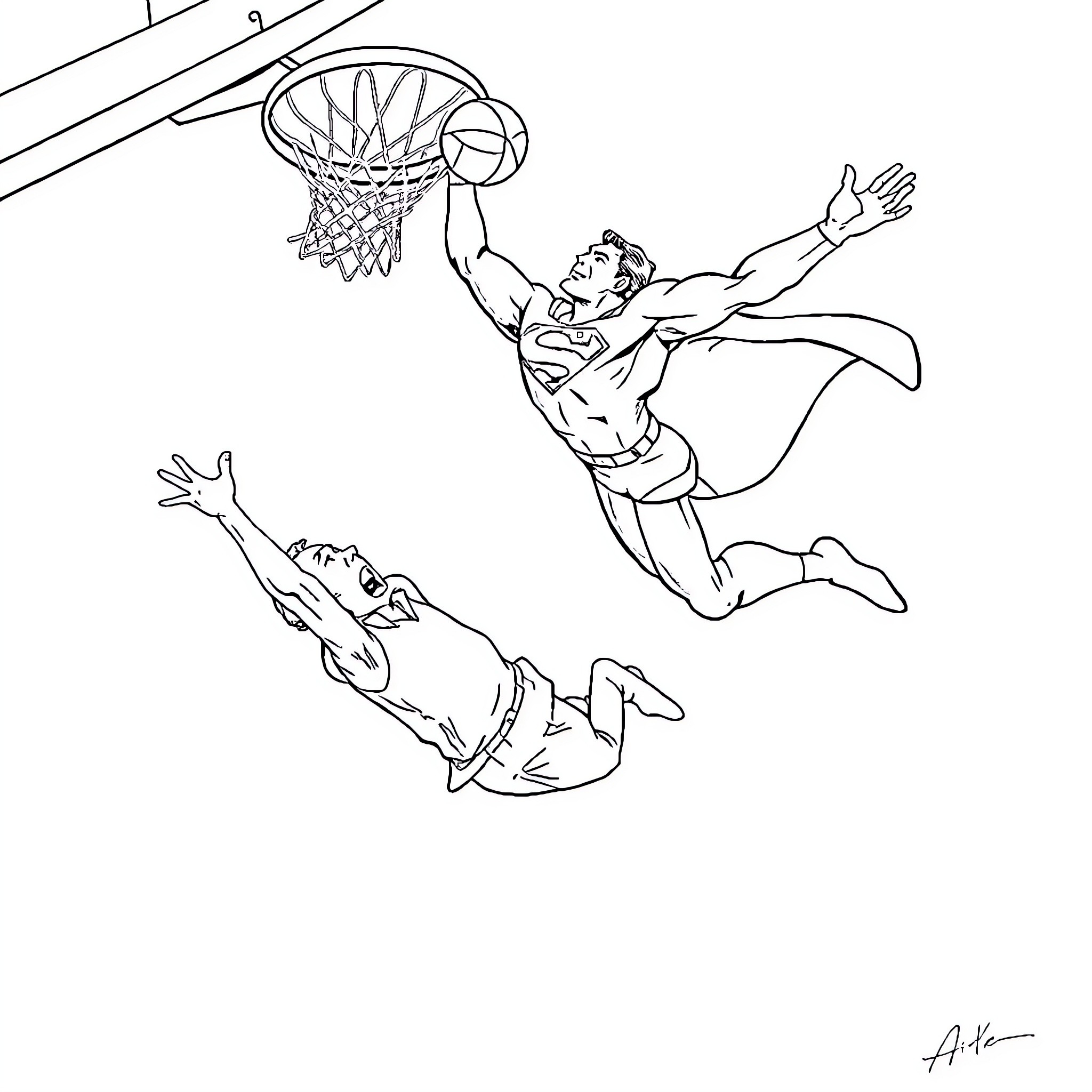 Superman's heroic basketball dunk Coloring Page (free black-and-white line drawing printable PDF for all, from beginners to advanced learners, including children, teens, adults, and seniors)