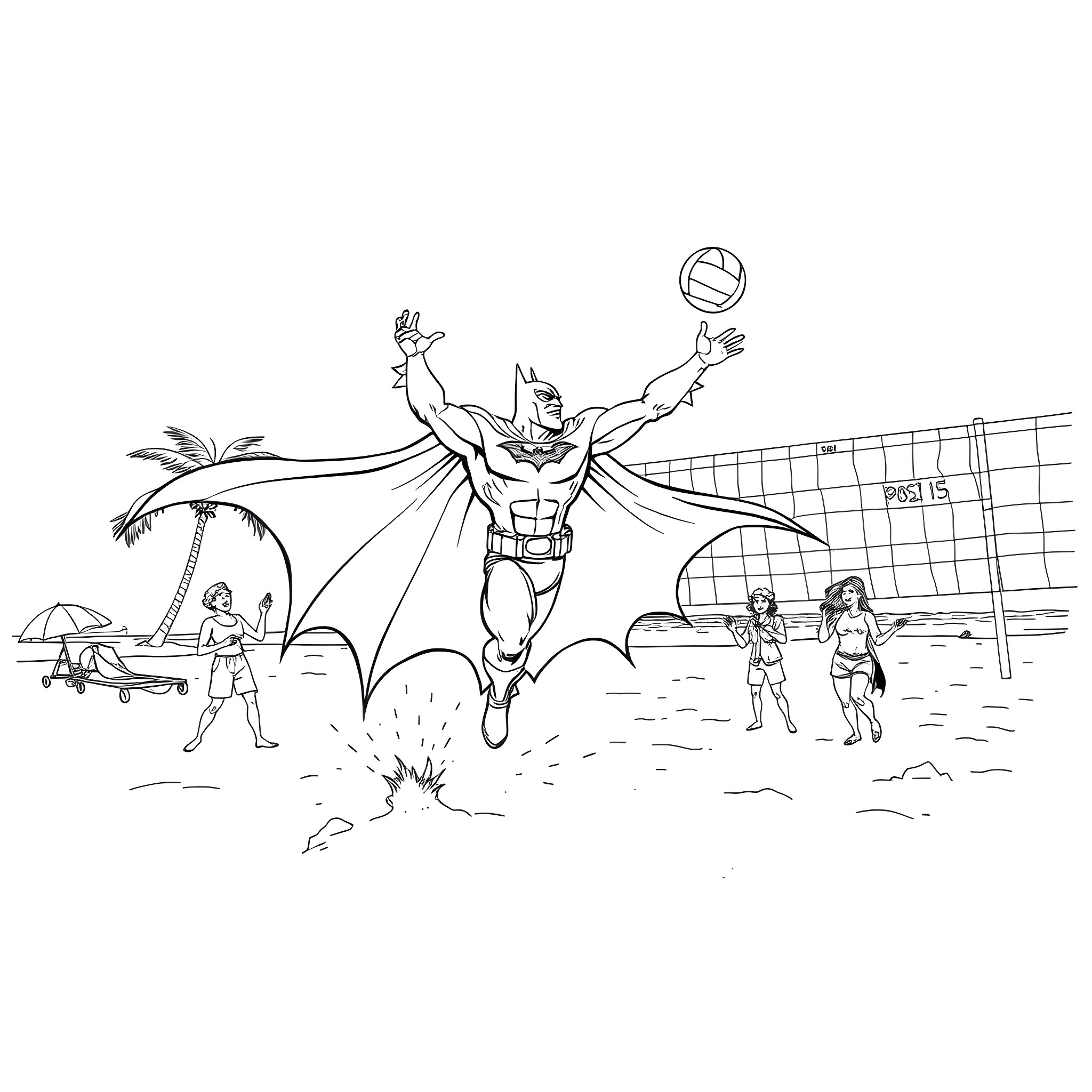 Batman heroically intervenes during a beach volleyball game Coloring Page (free black-and-white line drawing printable PDF for all, from beginners to advanced learners, including children, teens, adults, and seniors)