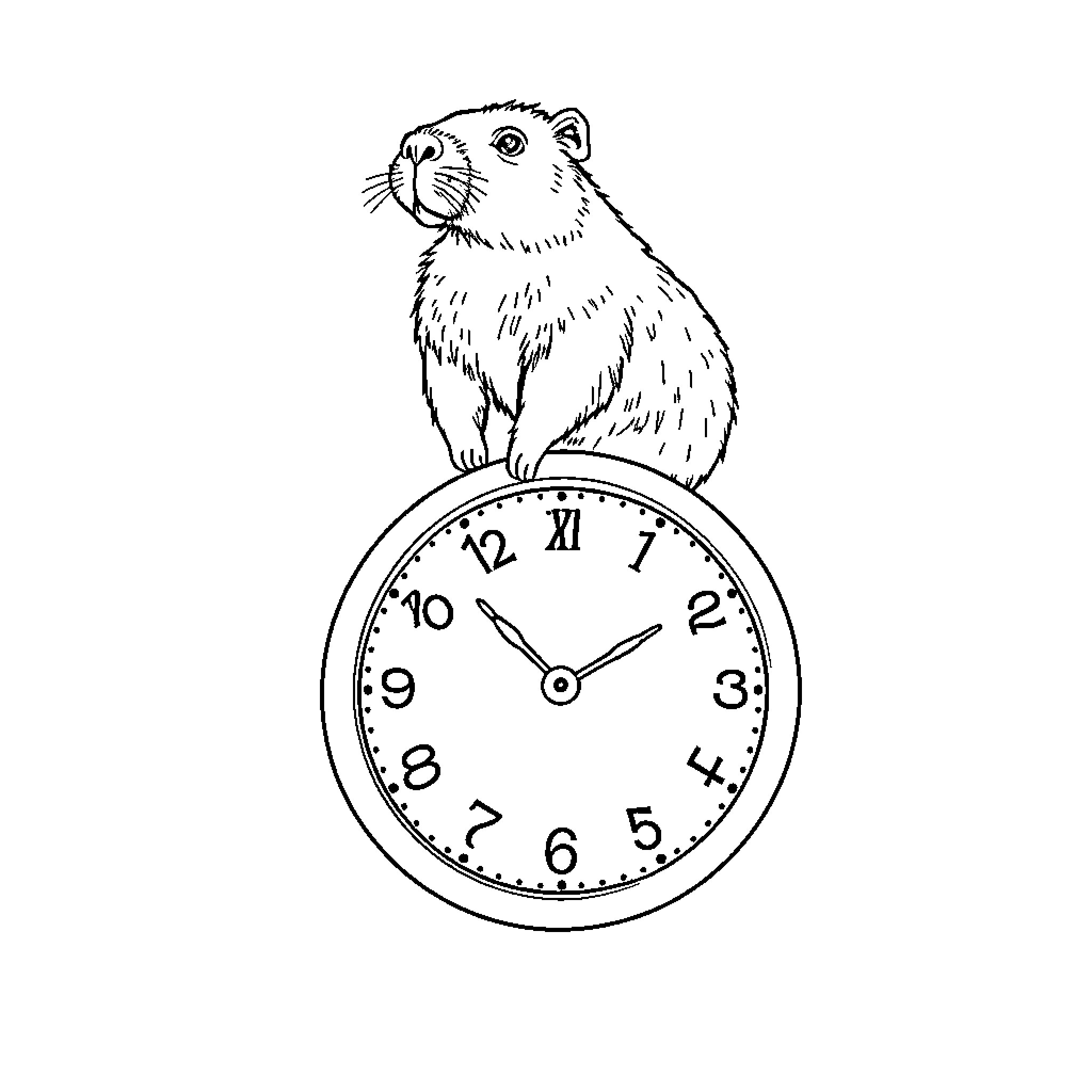 Capybara perched on a clock Coloring Page (free black-and-white line drawing printable PDF for all, from beginners to advanced learners, including children, teens, adults, and seniors)