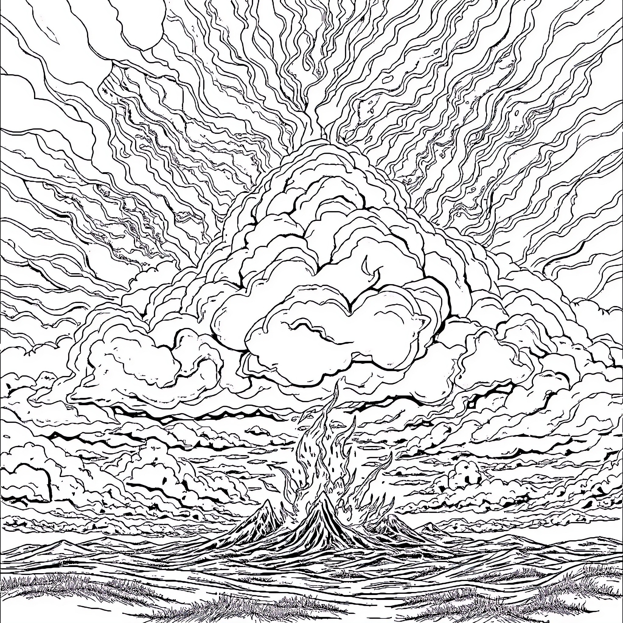 World of Swirling Clouds and Stormy Skies Coloring Page (free black-and-white line drawing printable PDF for all, from beginners to advanced learners, including children, teens, adults, and seniors)