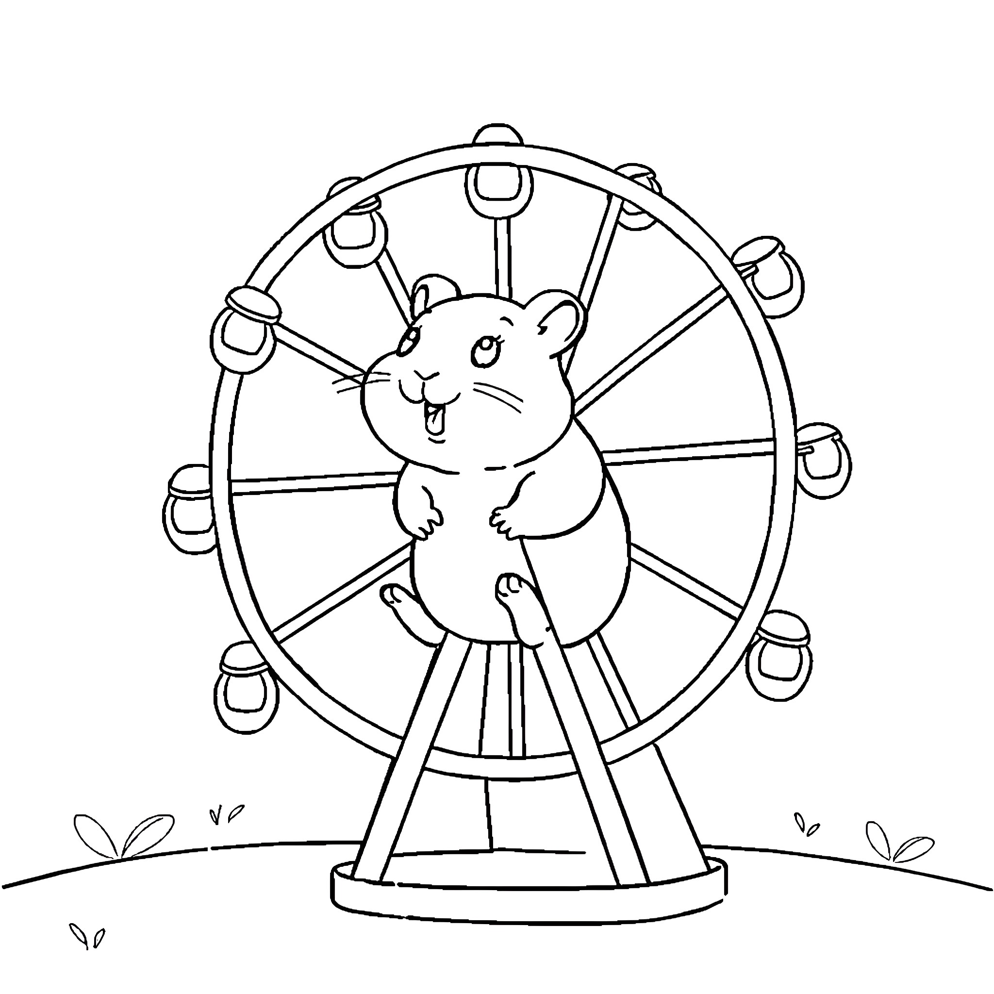 Hamster enjoying a ride on the ferris wheel Coloring Page (free black-and-white line drawing printable PDF for all, from beginners to advanced learners, including children, teens, adults, and seniors)