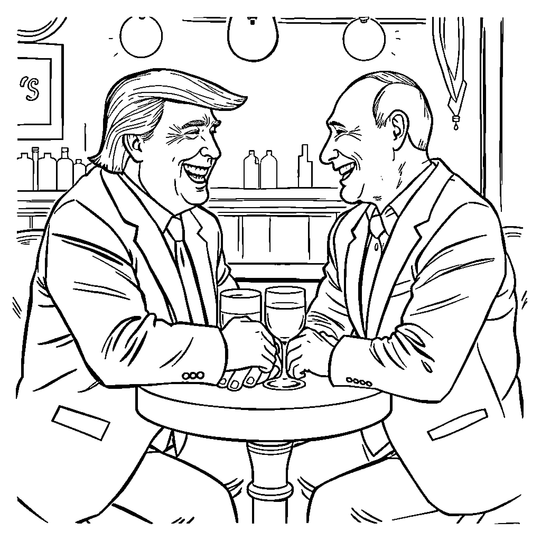 Donald Trump shaking hands with an unidentified man in a bar Coloring Page (free black-and-white line drawing printable PDF for all, from beginners to advanced learners, including children, teens, adults, and seniors)