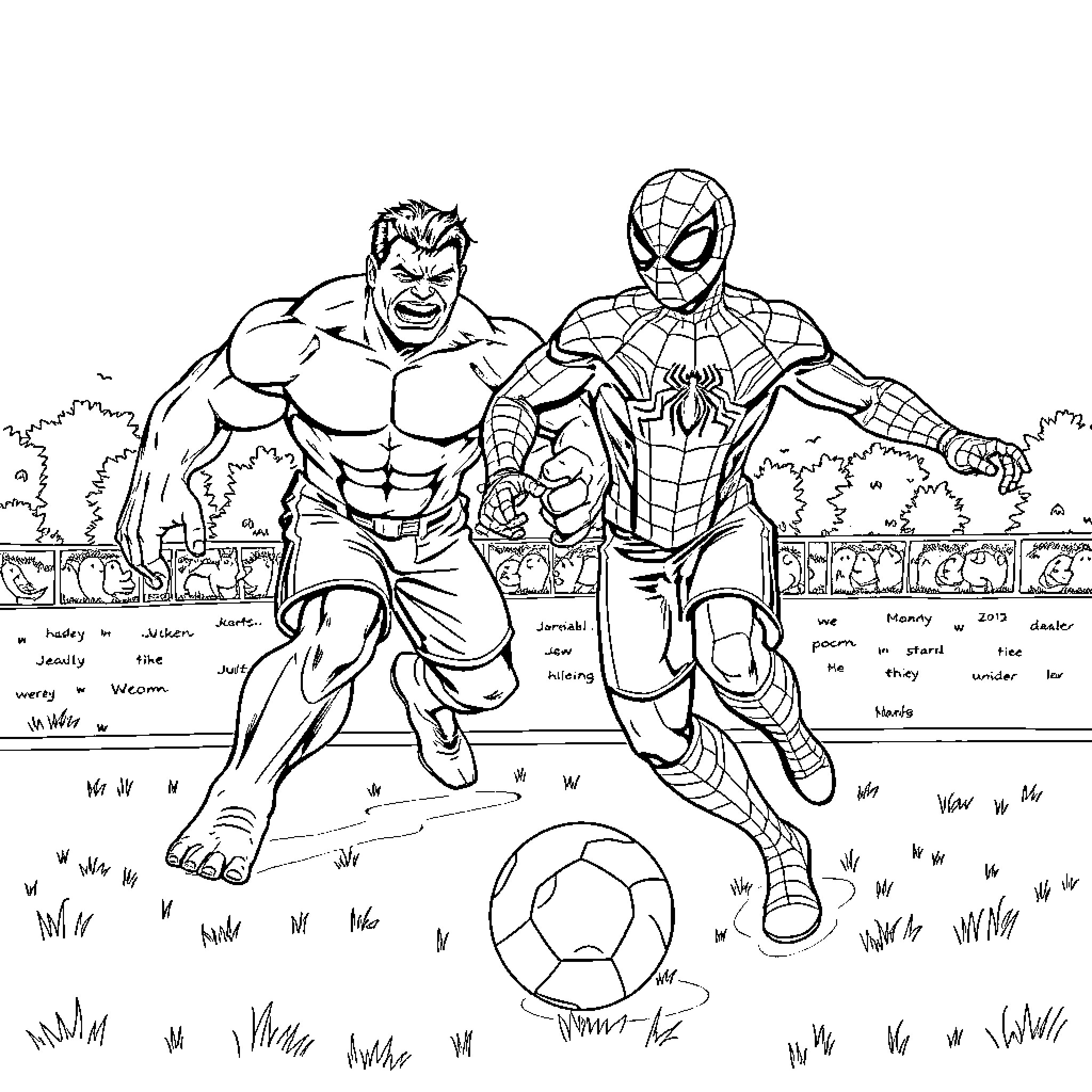 Spider-Man and the Hulk Engage in Intense Action on the Playground Coloring Page (free black-and-white line drawing printable PDF for all, from beginners to advanced learners, including children, teens, adults, and seniors)