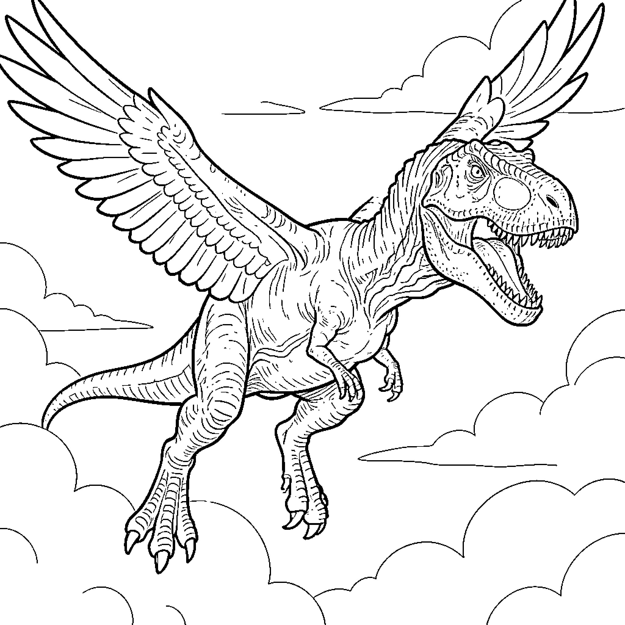 T-Rex soaring through the clouds with large wings Coloring Page (free black-and-white line drawing printable PDF for all, from beginners to advanced learners, including children, teens, adults, and seniors)