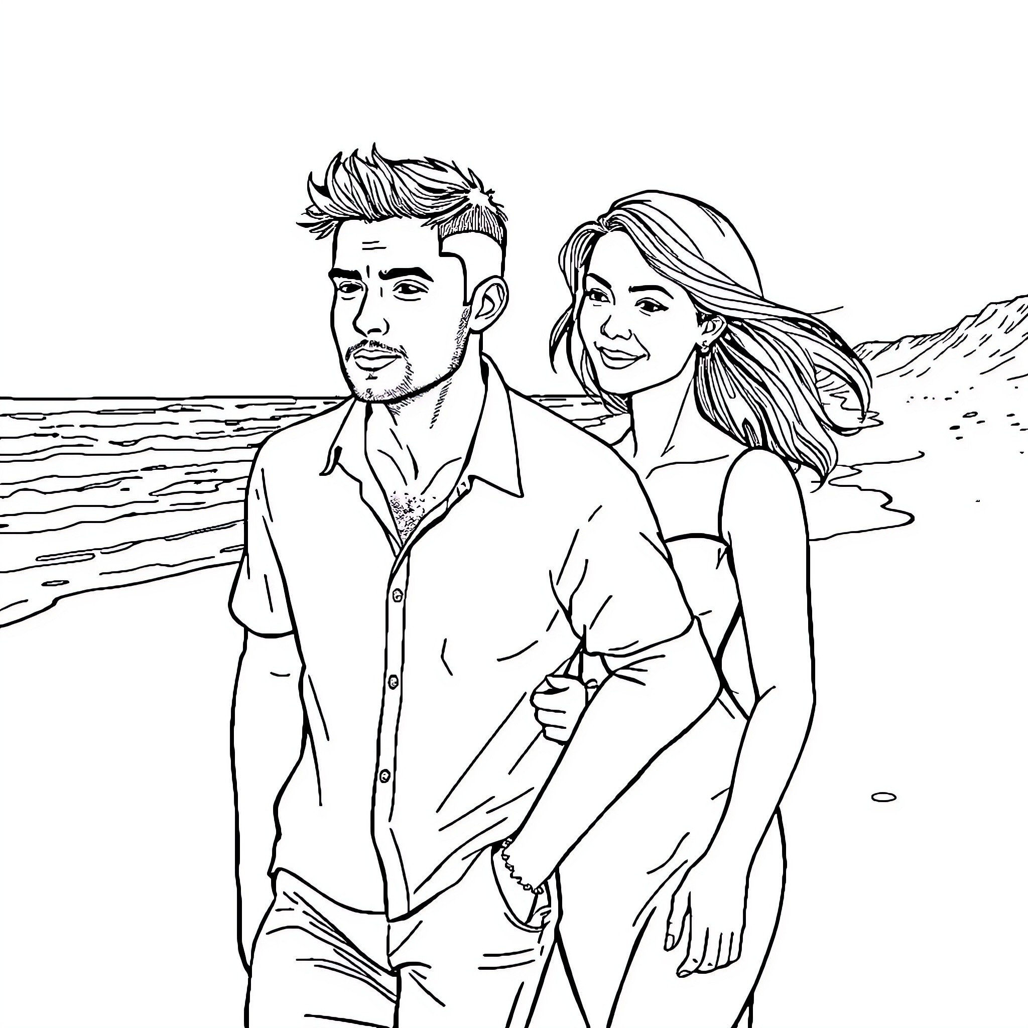 Man and Woman Enjoying a Scenic Beach Coloring Page (free black-and-white line drawing printable PDF for all, from beginners to advanced learners, including children, teens, adults, and seniors)