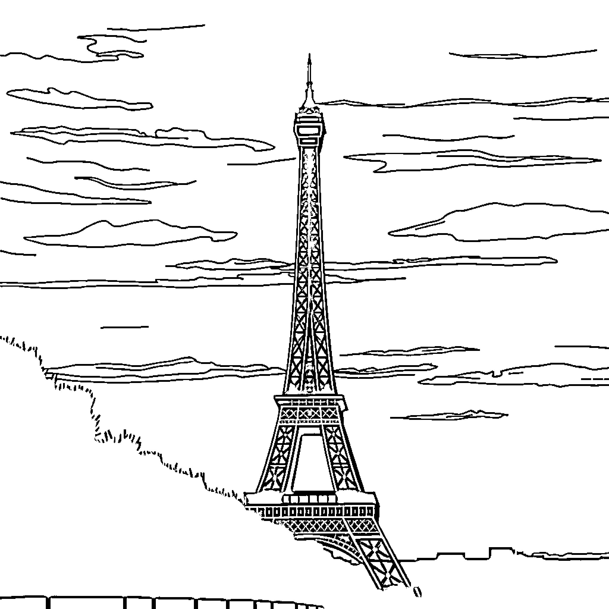 Eiffel Tower against a cloudy sky Coloring Page (free black-and-white line drawing printable PDF for all, from beginners to advanced learners, including children, teens, adults, and seniors)