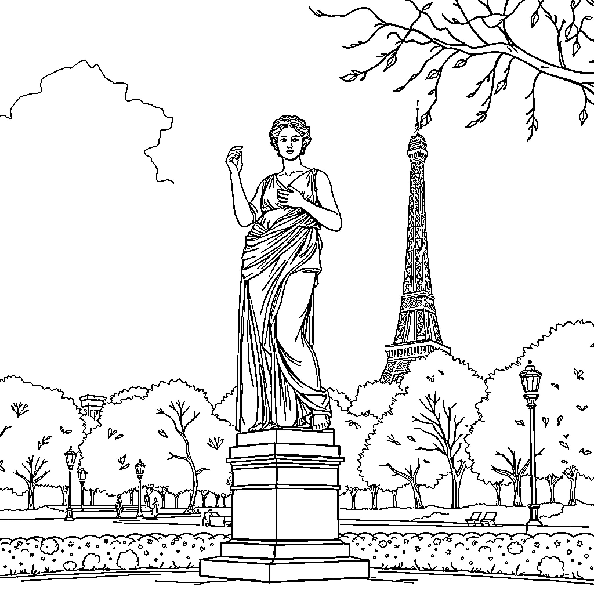 Statue of Maiden in Parisian Landscape Coloring Page (free black-and-white line drawing printable PDF for all, from beginners to advanced learners, including children, teens, adults, and seniors)