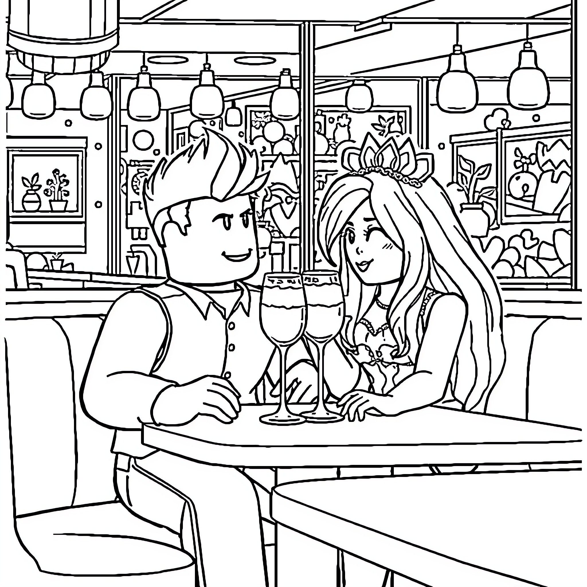 Roblox Character Couple Enjoying Drinks at Cafe Coloring Page (free black-and-white line drawing printable PDF for all, from beginners to advanced learners, including children, teens, adults, and seniors)