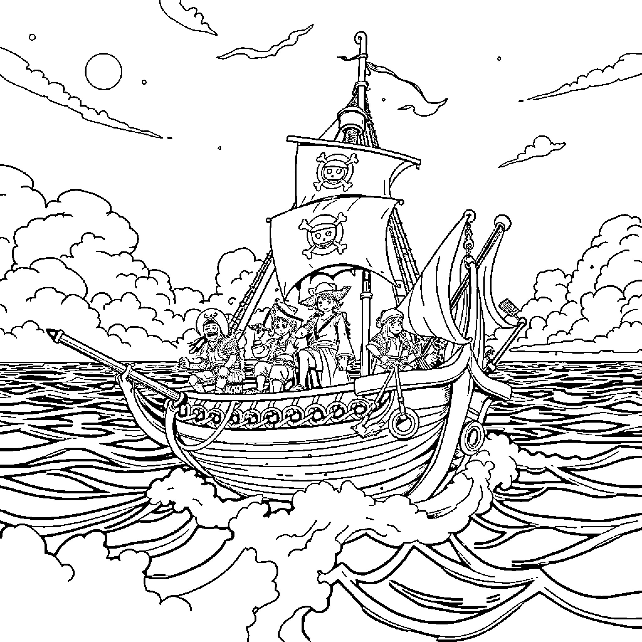 One Piece Pirate Crew Sailing the High Seas Coloring Page (free black-and-white line drawing printable PDF for all, from beginners to advanced learners, including children, teens, adults, and seniors)