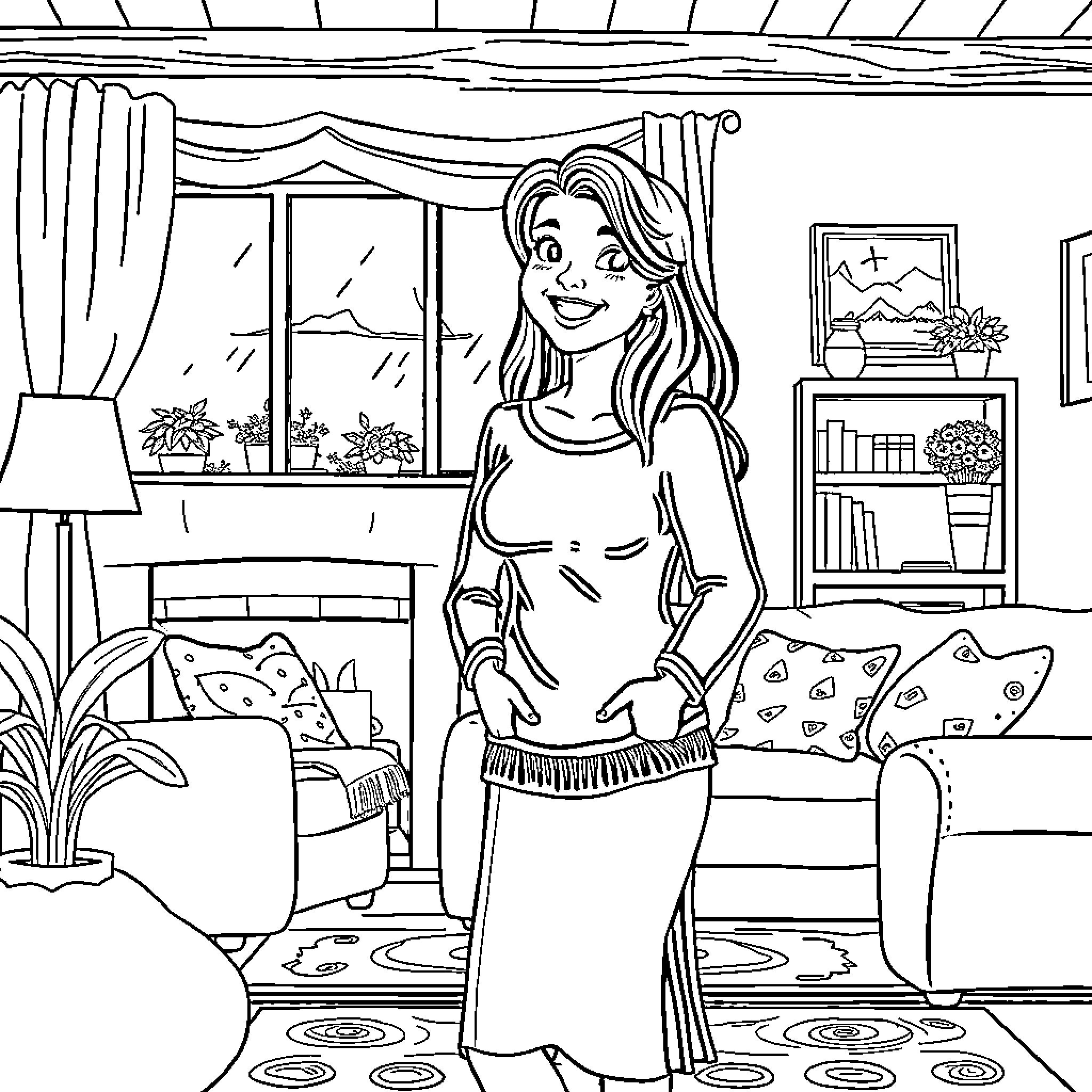 Sabrina's Relaxing Afternoon at Home Coloring Page (free black-and-white line drawing printable PDF for all, from beginners to advanced learners, including children, teens, adults, and seniors)