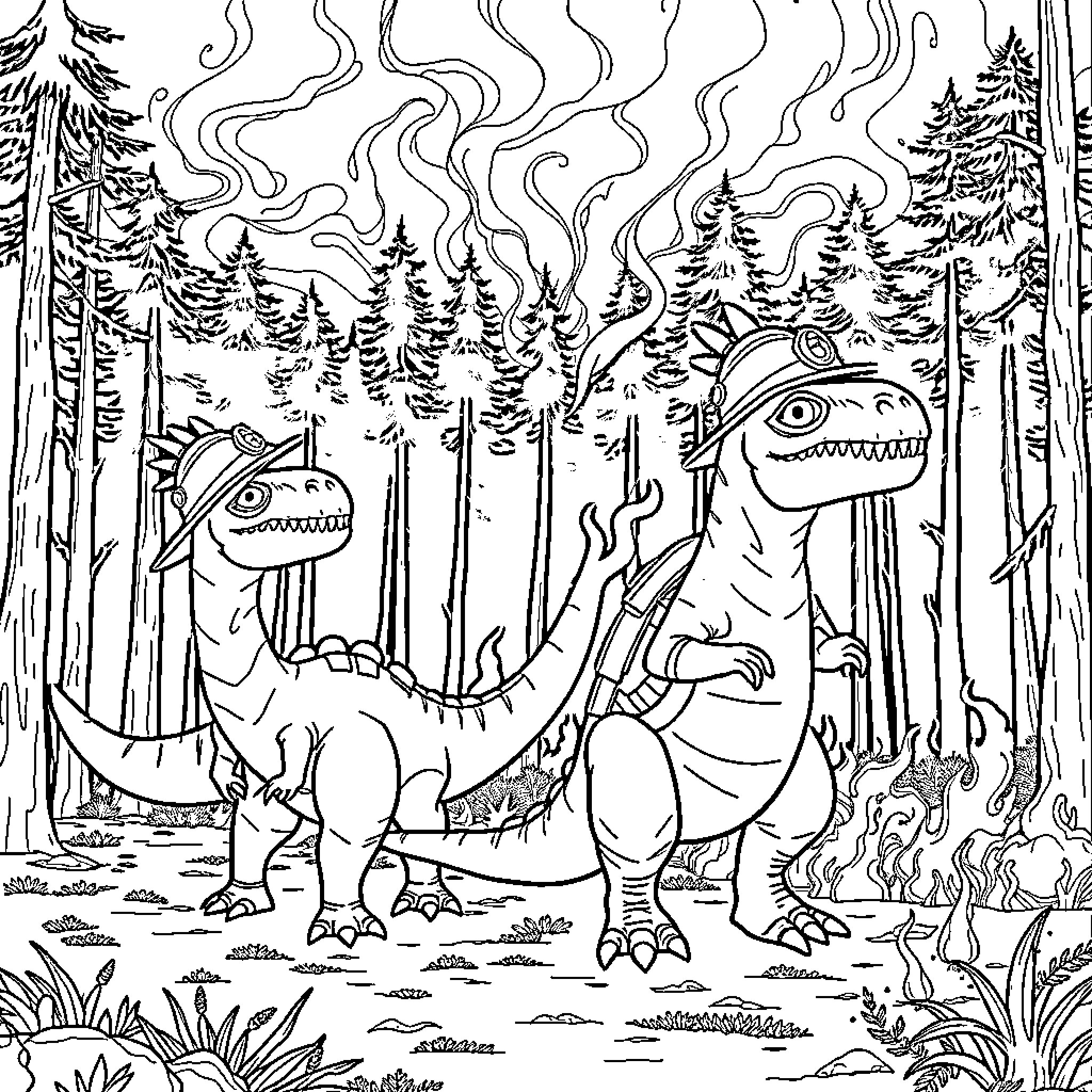 Dinosaurs Roaming Mysterious Prehistoric Forest Coloring Page (free black-and-white line drawing printable PDF for all, from beginners to advanced learners, including children, teens, adults, and seniors)