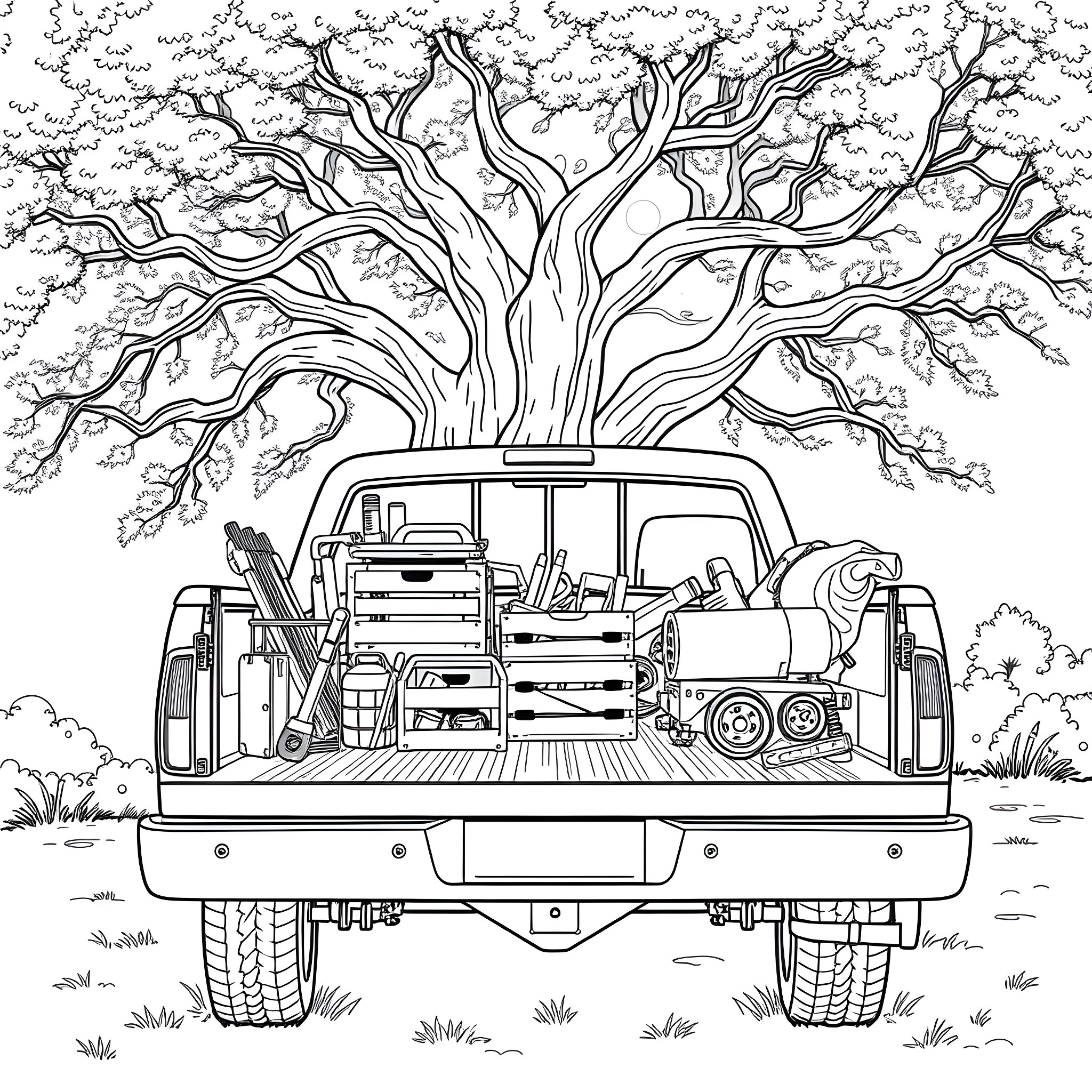 Truck filled with tools and equipment under a large tree Coloring Page (free black-and-white line drawing printable PDF for all, from beginners to advanced learners, including children, teens, adults, and seniors)