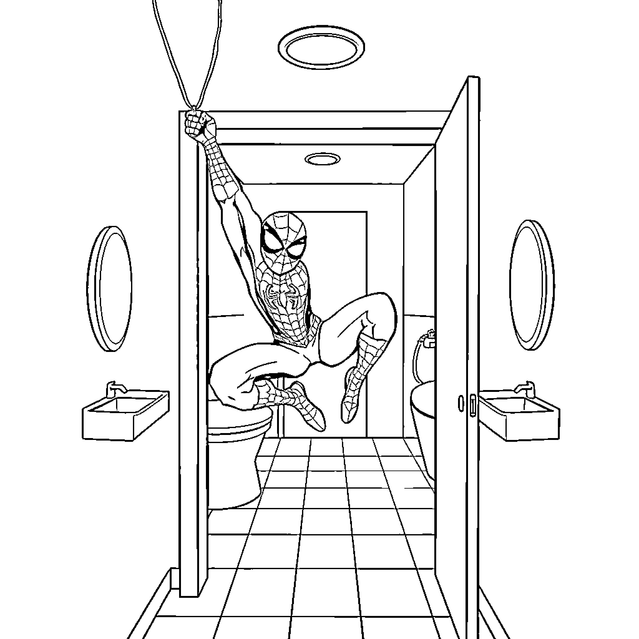 Spiderman swinging through a surreal building Coloring Page (free black-and-white line drawing printable PDF for all, from beginners to advanced learners, including children, teens, adults, and seniors)