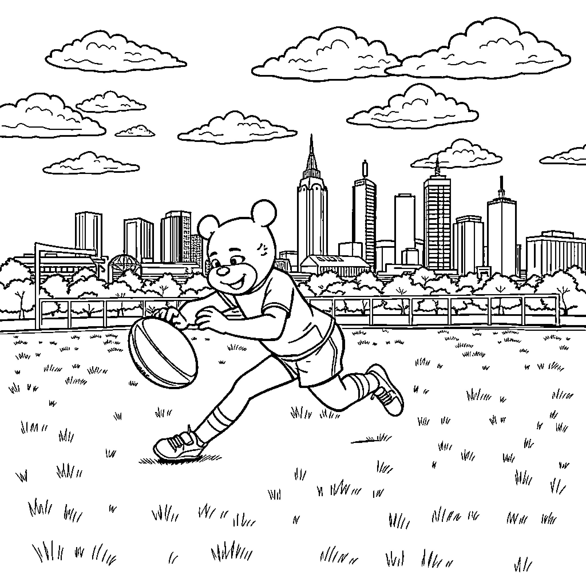 Bluey playing with a frisbee in the city park Coloring Page (free black-and-white line drawing printable PDF for all, from beginners to advanced learners, including children, teens, adults, and seniors)